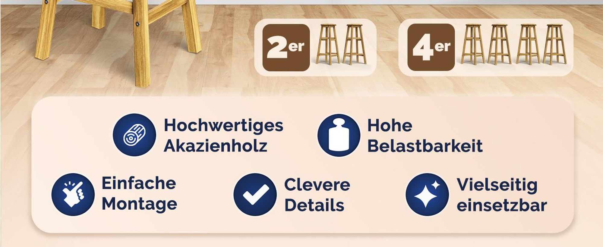 Set aus zwei Barhockern, Akazienholz, 34 cm x 34 cm x 76 cm