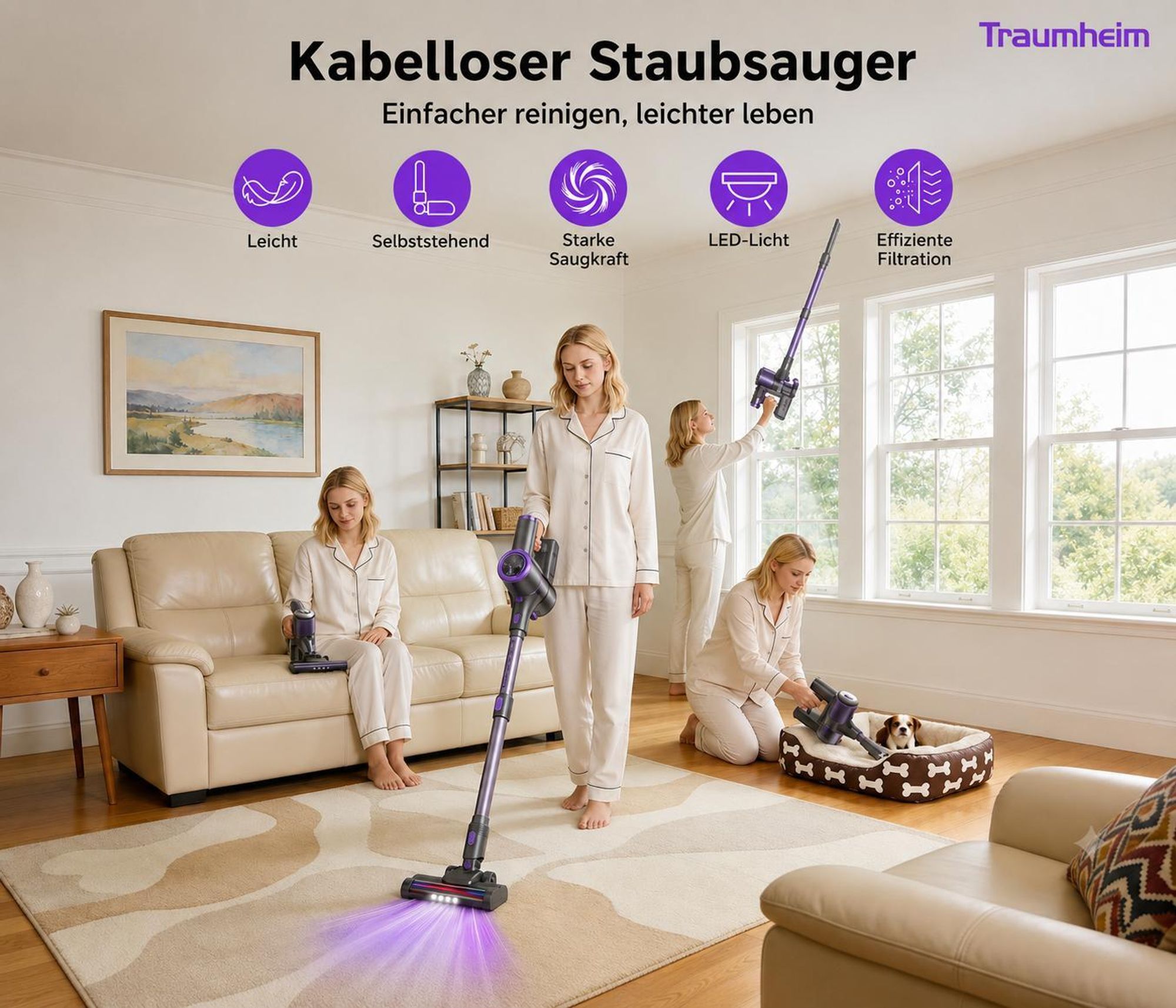 Akku Staubsauger,36000Pa Staubsauger Kabellos,500W ,Herausnehmbarer Akku,45 min,6 in 1 akkustaubsauger ,5-in-1 Filtersystem Handstaubsauge,1.5L