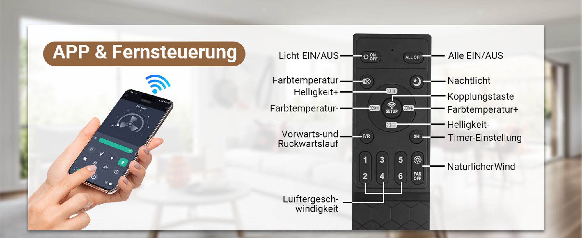100cm Deckenventilator mit Beleuchtung und Fernbedienung DC Motor 3 Farbtemperatur Dimmbar 6 Stufen APP-Steuerung