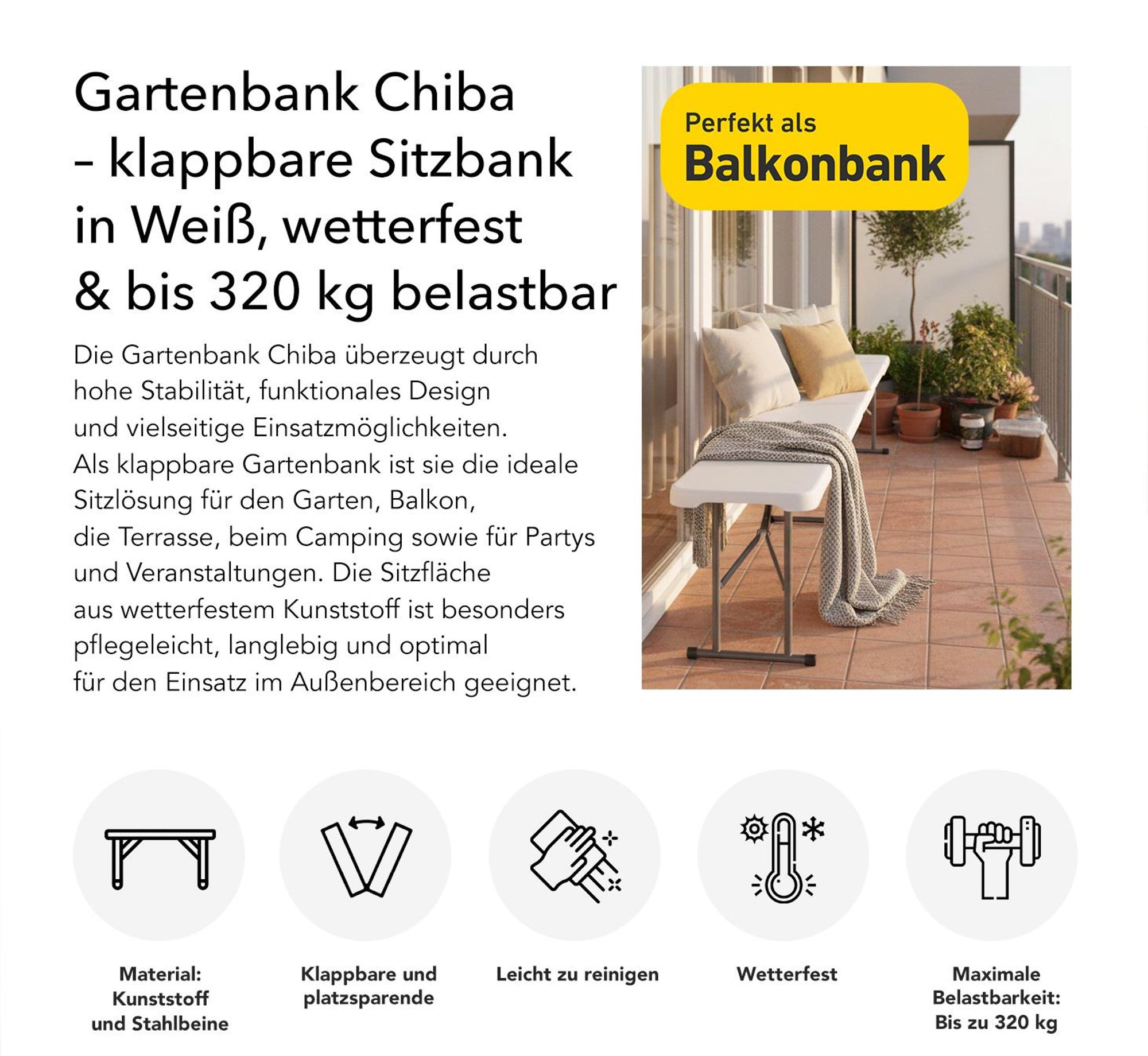 Floordirekt Gartenbank Chiba klappbare Sitzbank wetterfest 183 cm in Weiß für Garten, Balkon & Events