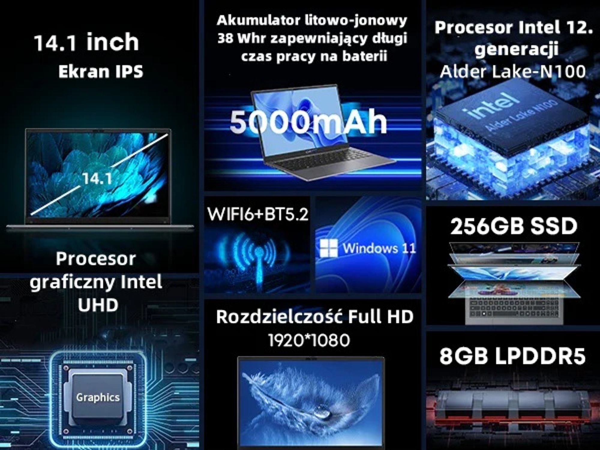 Laptop CHUWI GemiBook XPro - Procesorem Intel N100 Ekran 14.1" Windows 11 8GB +256GB Baterią 5000mAh - Szary