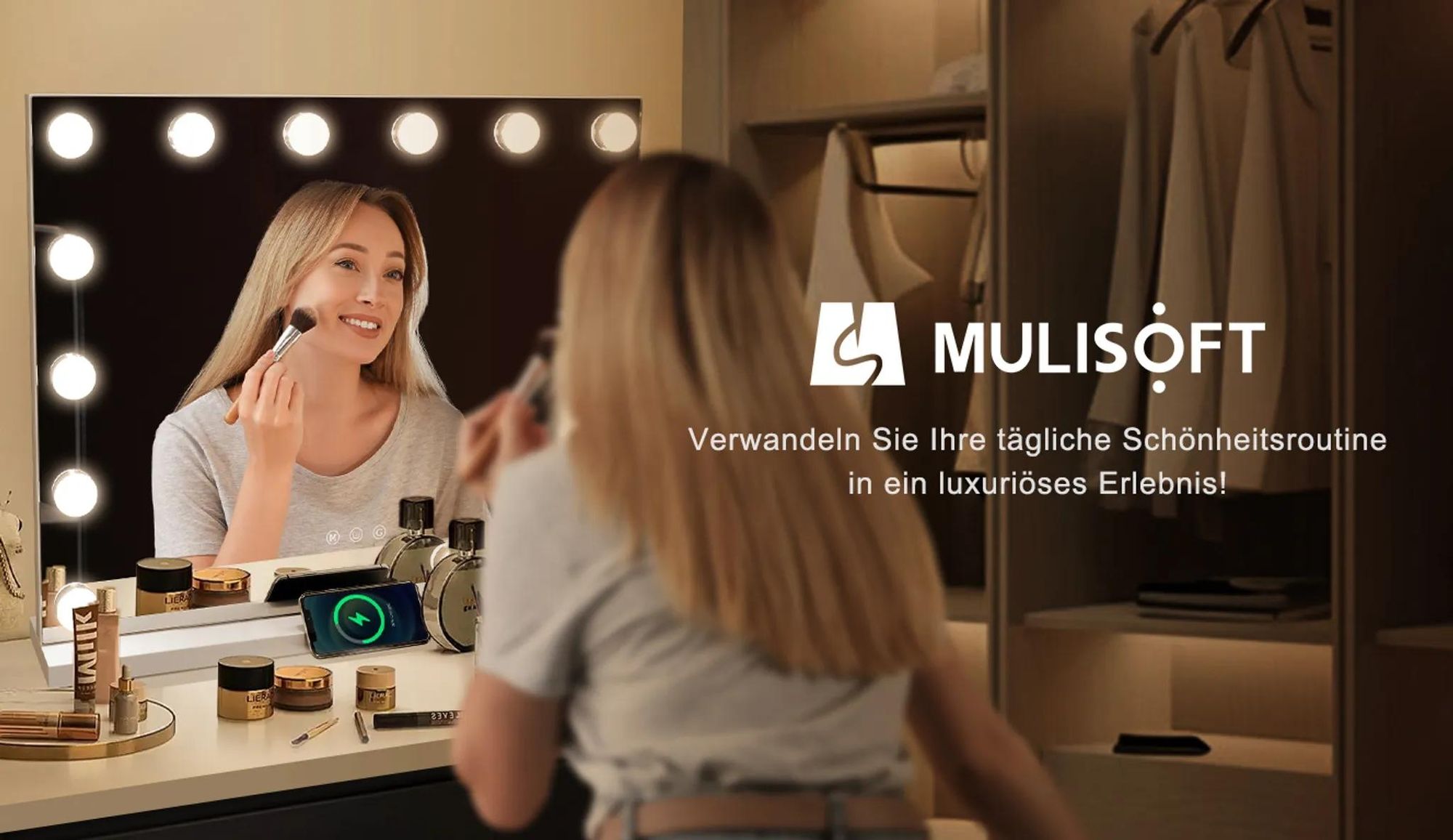 MULISOFT Hollywood Spiegel 58cm x 48cm mit Beleuchtung Leuchten-10X Vergrößerung, 3 Lichtmodus Kosmetikspiegel für Badzimmer Schminktisch, 14 LED Weiß