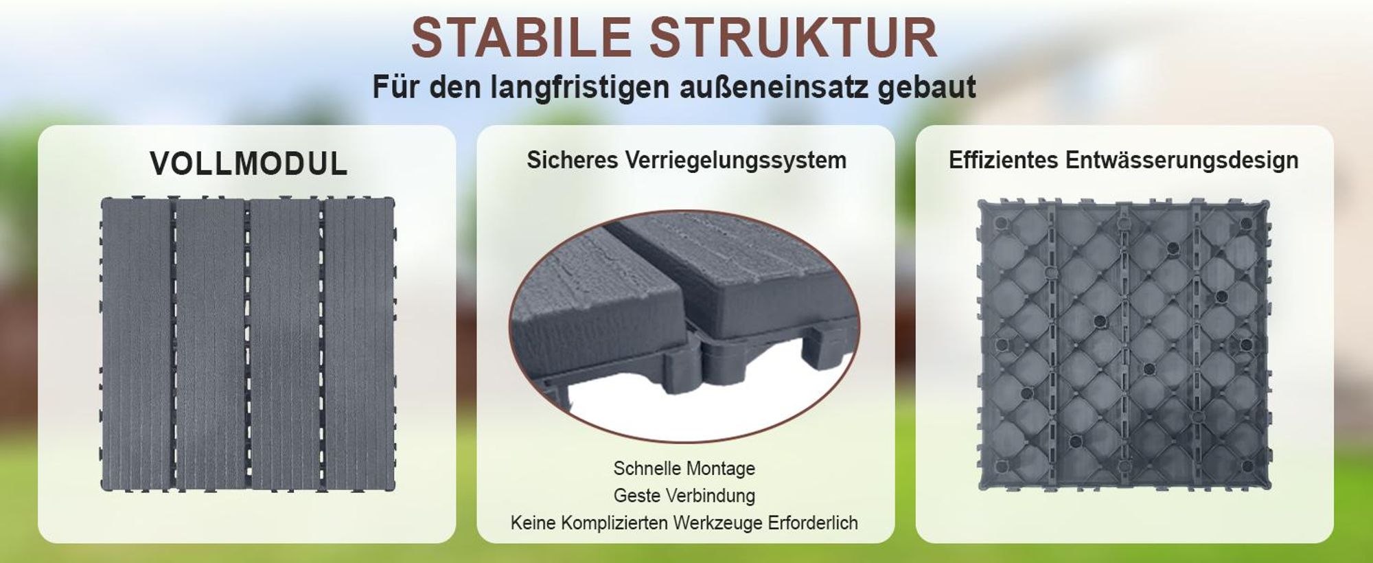 44 Stück Terrassenfliesen aus Kunststoff 30x30x2 cm, ca. 4 m², Klickfliesen mit gerader Lamellenstruktur, wetterfest & rutschfest, Grau