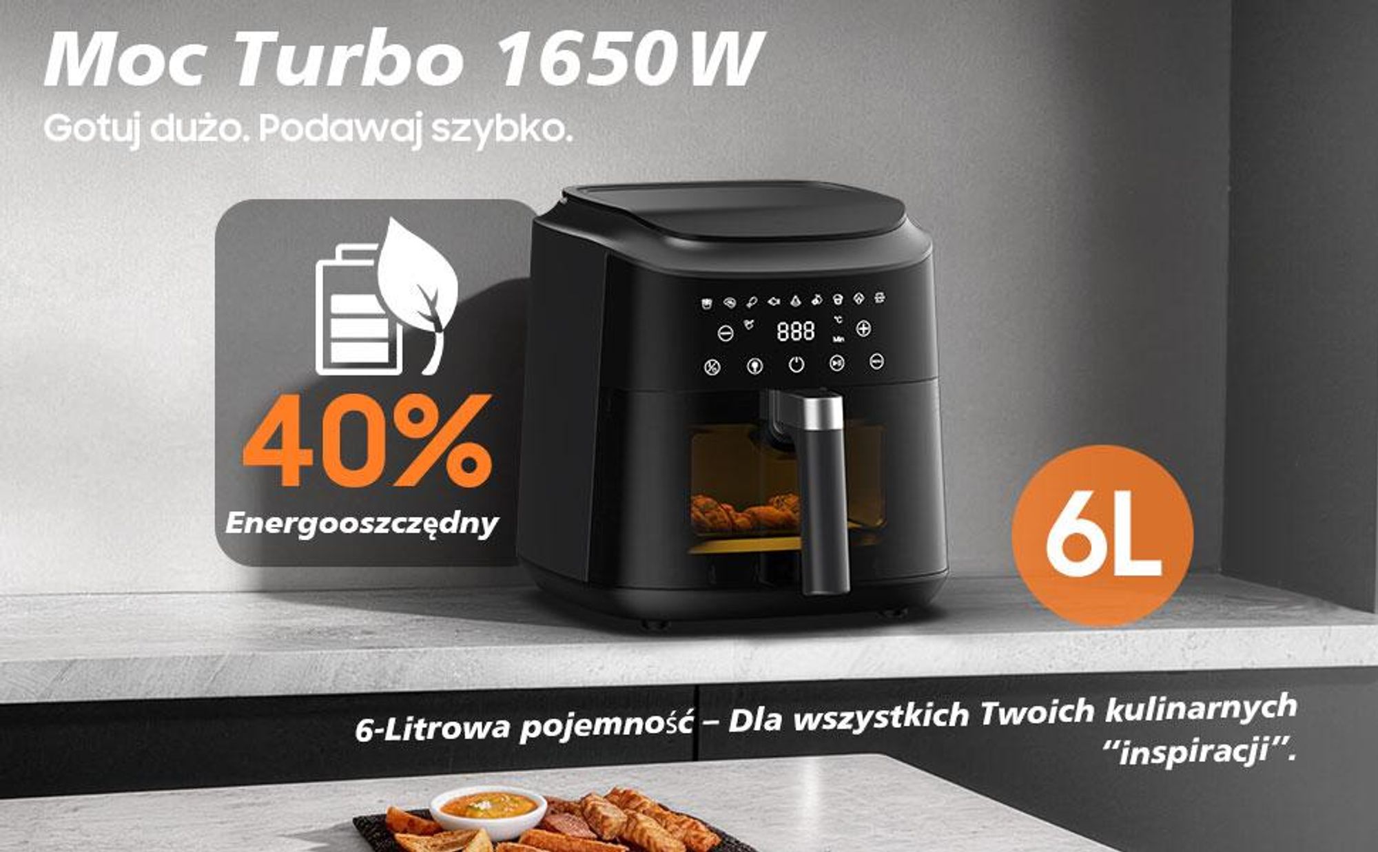 Frytkownica z gorącym powietrzem, beztłuszczowa, metalowe wnętrze, 6L, podświetlane okienko, 9 programów gotowania, zmywalna w zmywarce, 1650W