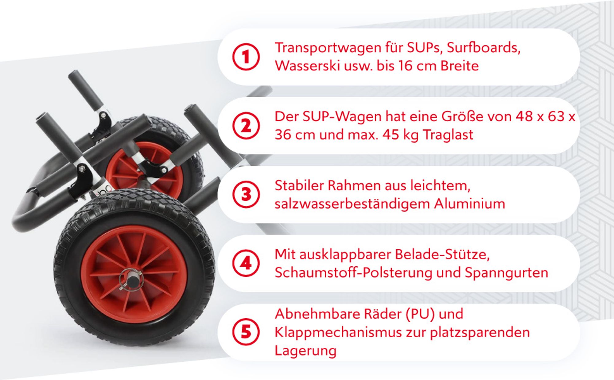 Toboli klappbarer Doppel Transportwagen bis 45 kg für SUP Board, Kanus und Kajaks, Surfwagen mit Polstern und abnehmbare PolyurethanRäder, geräumiger SUP-Wagen 48 x 63 x 36 cm, SUP-Trolley aus Aluminium