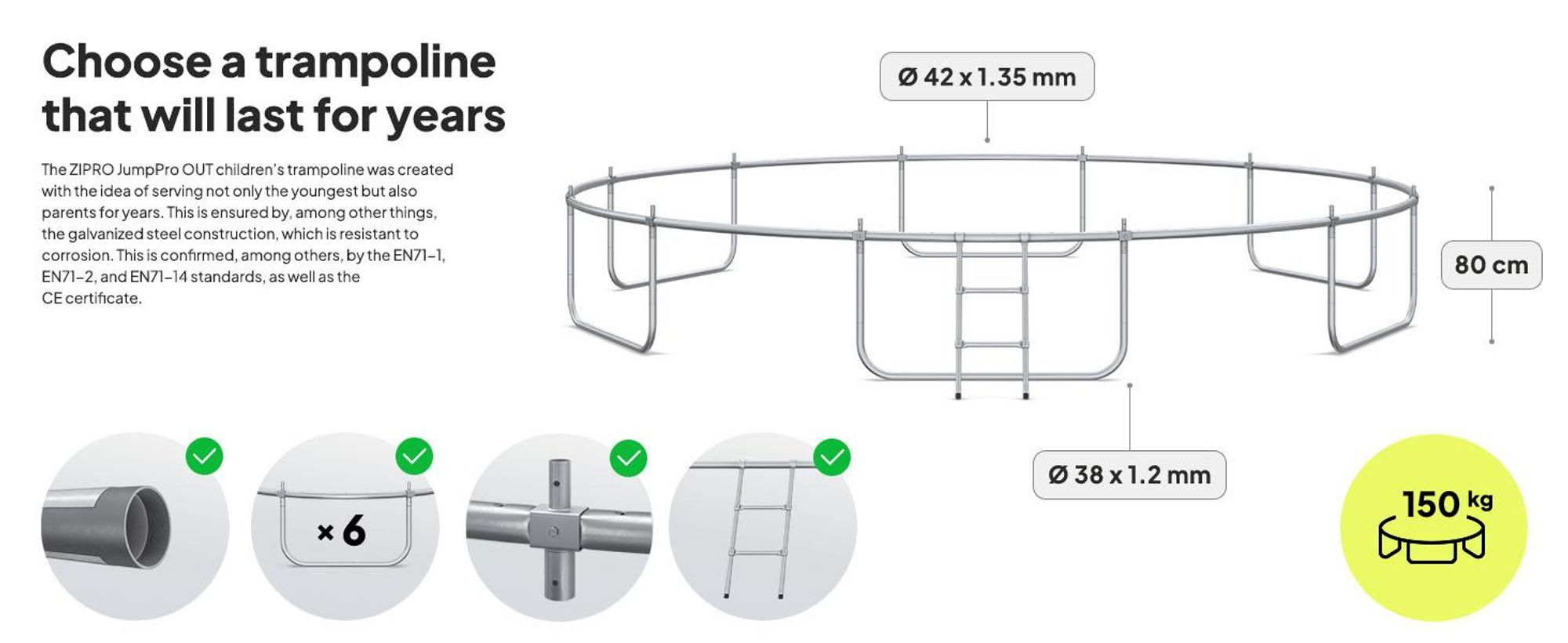 ZIPRO Trampolína Jump Pro Out | 16FT Ø 496 cm | Záhradná trampolína Detská trampolína Kompletná sada vrátane vonkajšej siete, rebríka a okrajového krytu, vonkajšia, zelená