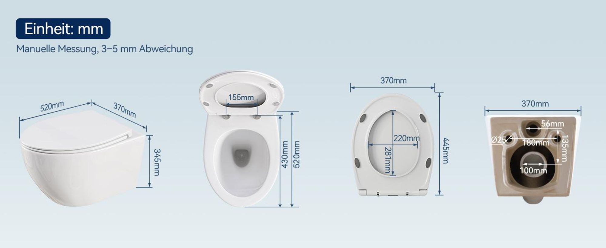 Komplett Vorwandelement Toilette Set - 82cm Unterputzspülkasten + Hänge  WC Wand Toilette + Rechteckig Chrome Drückplatte HOROW