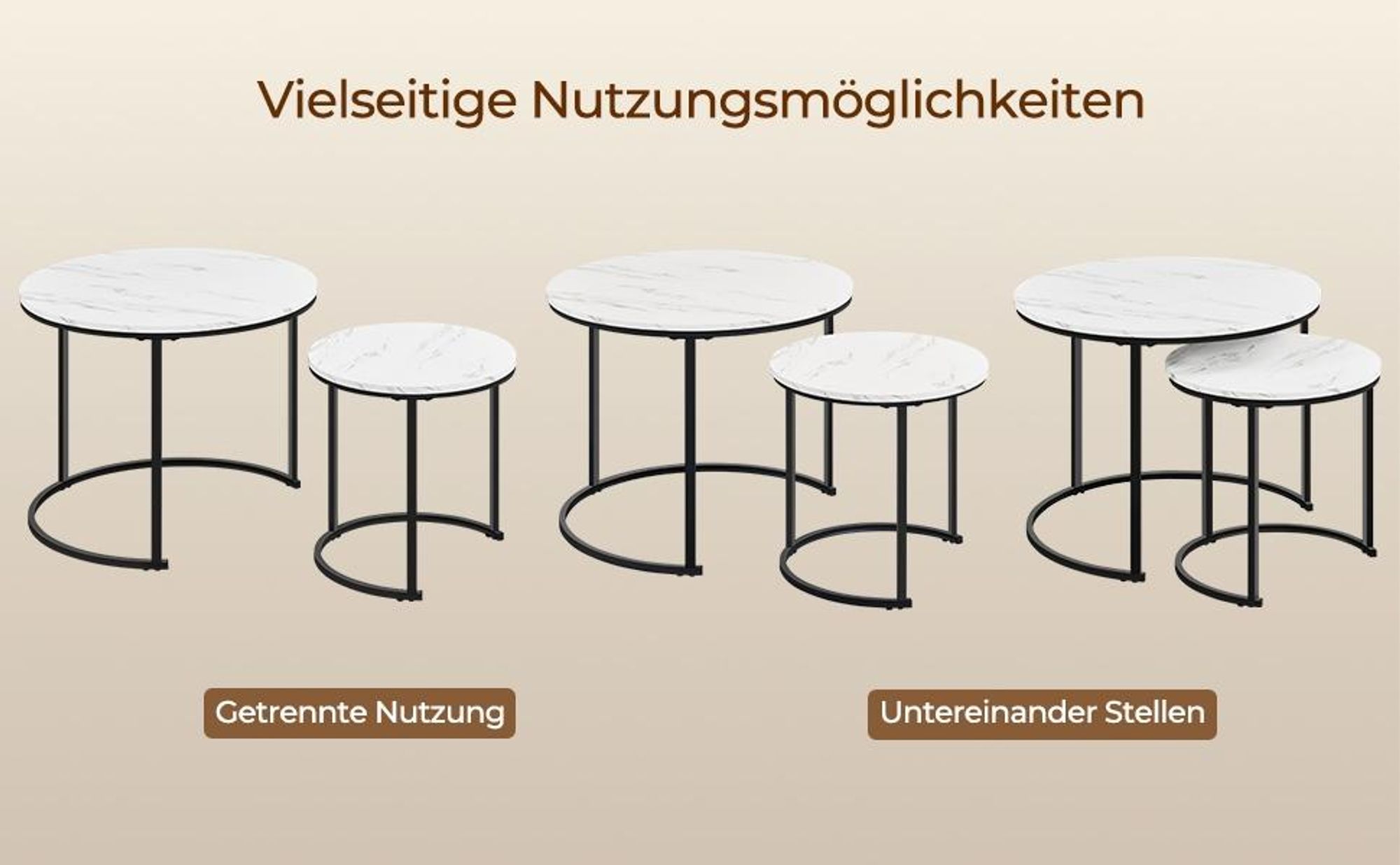 Yaheetech Couchtisch 2er Set, runder Beistelltisch Set, Sofatisch mit Metallgestell, Satztische für Wohnzimmer Schlafzimmer, Weiß