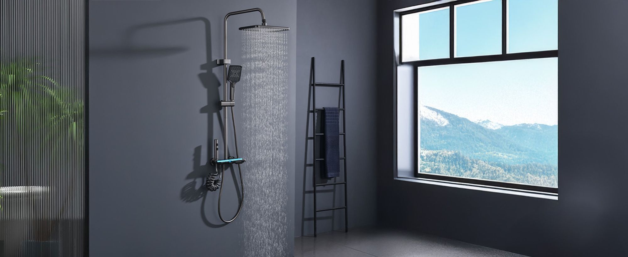 Homelody Duschsystem Messing Grau, 4 Wasserausgabe Modi, Duscharmatur Komplettset, Duschset Digitale Temperaturanzeige mit Atmosphärenlicht