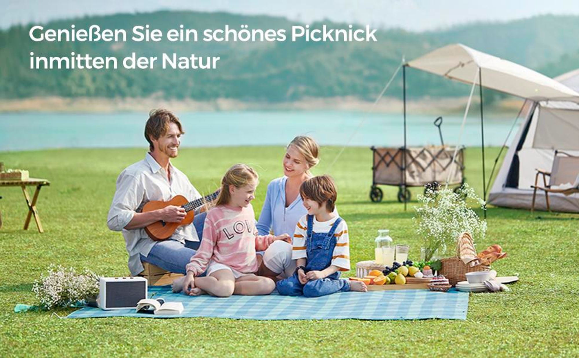 SONGMICS Picknickdecke, 200 x 200 cm, mit 4 Erdankern, wasserdicht, grün-blau