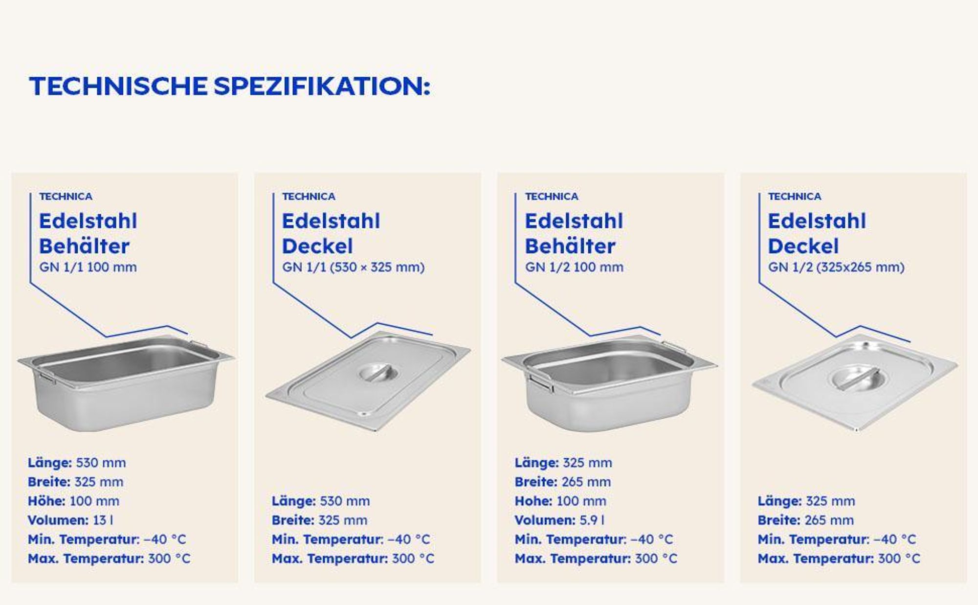 TECHNICA Behälter GN 1/6 200 mm aus Edelstahl | Gastro Container stapelbar | Edelstahlwanne Küche | Hitzebeständig -40 °C bis 300 °C | Gastronorm