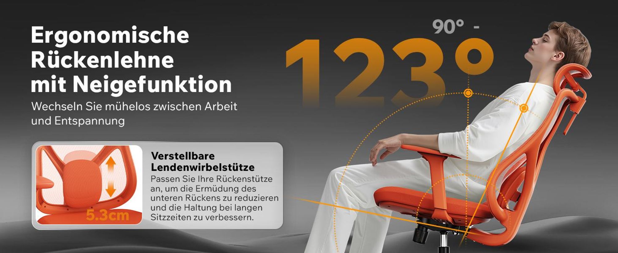 SENSE7 Moyo Ergonomischer Bürostuhl Schreibtischstuhl Orange 3D-Armlehnen Netzrücken Lendenwirbelstütze Chefsessel PC Stuhl Home-office 150 kg