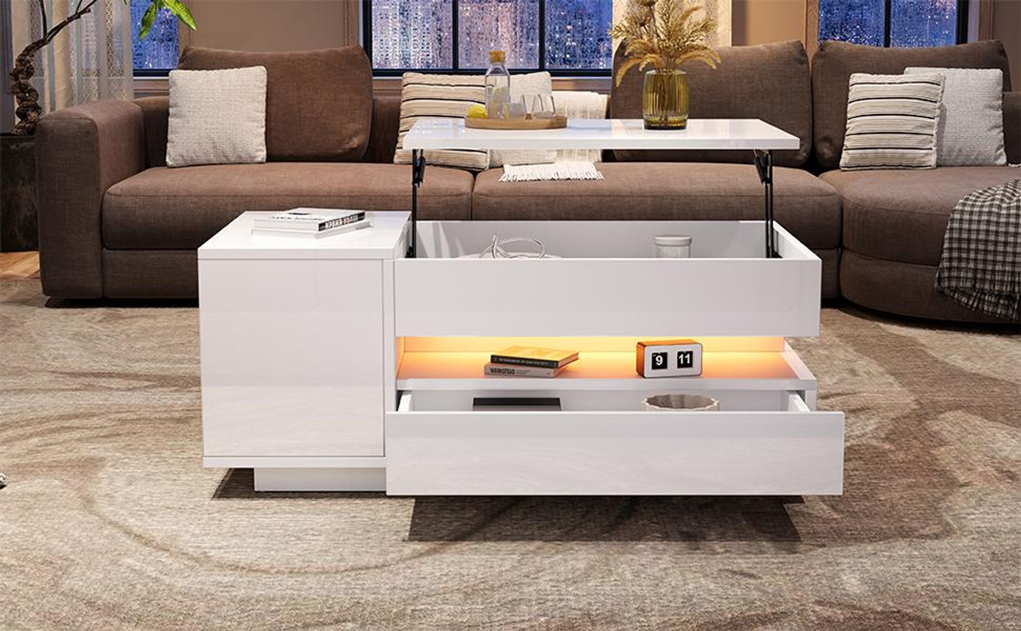 STILVORA Couchtisch mit Hebefunktion und LED, Wohnzimmertisch mit Schublade und Schrank, Beistelltisch mit verstecktem und halboffenem Stauraum, Weiß