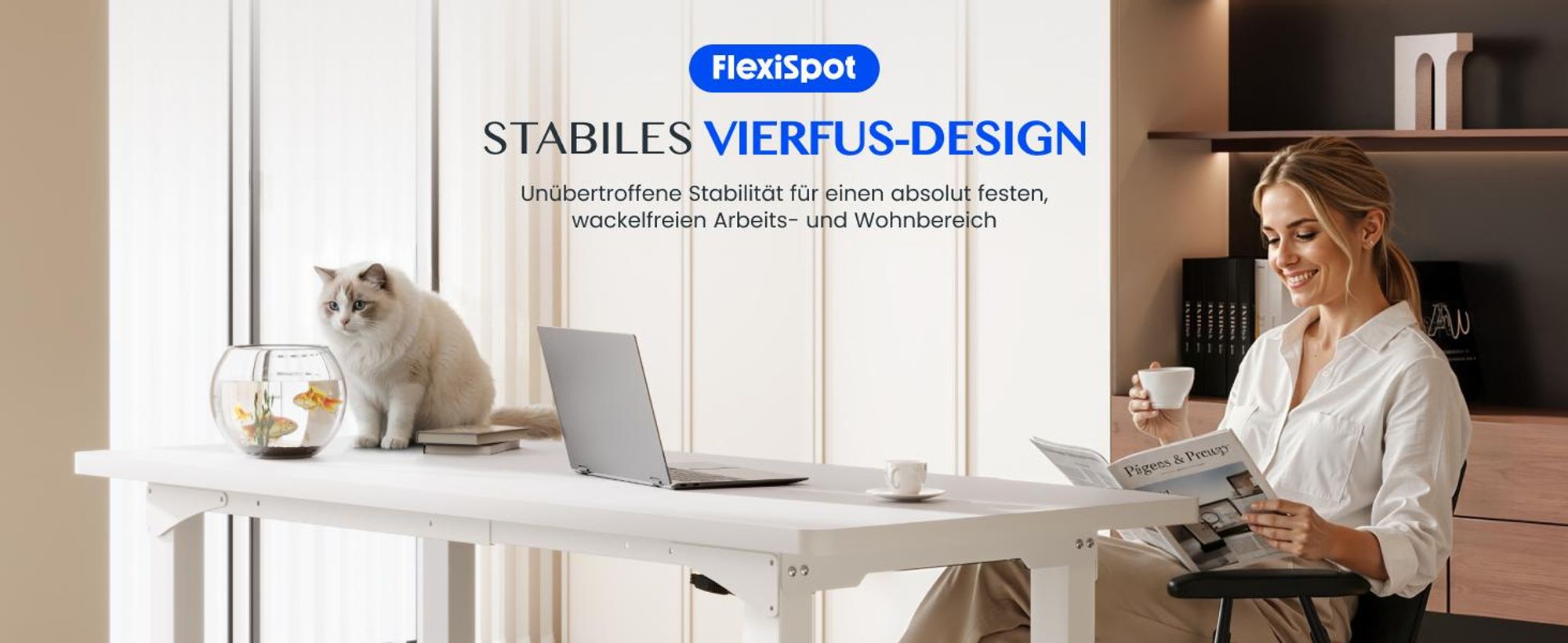 FLEXISPOT Höhenverstellbarer Schreibtisch Gestell elektrisch mit 4 Beinen, Dualmotor, 150KG Tragkraft, 4 Speicherplätzen für Büro und Zuhause, Weiß