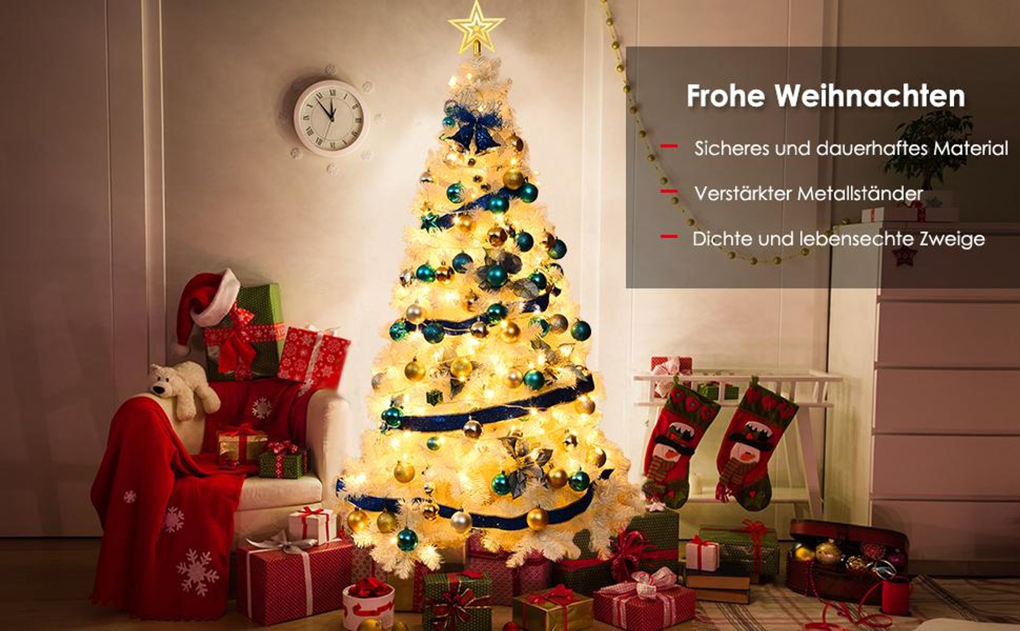 COSTWAY 240cm Künstlicher Weihnachtsbaum mit 1138 Spitzen, PVC Nadeln & Metallständer, Tannenbaum, Christbaum ideal für Zuhause, Büro & Geschäfte, weiß