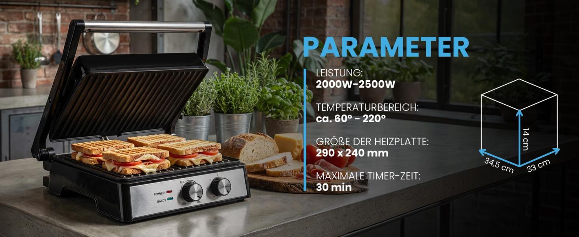 Kontaktgrill mit grosse Grillplate für 4 Sandwiches