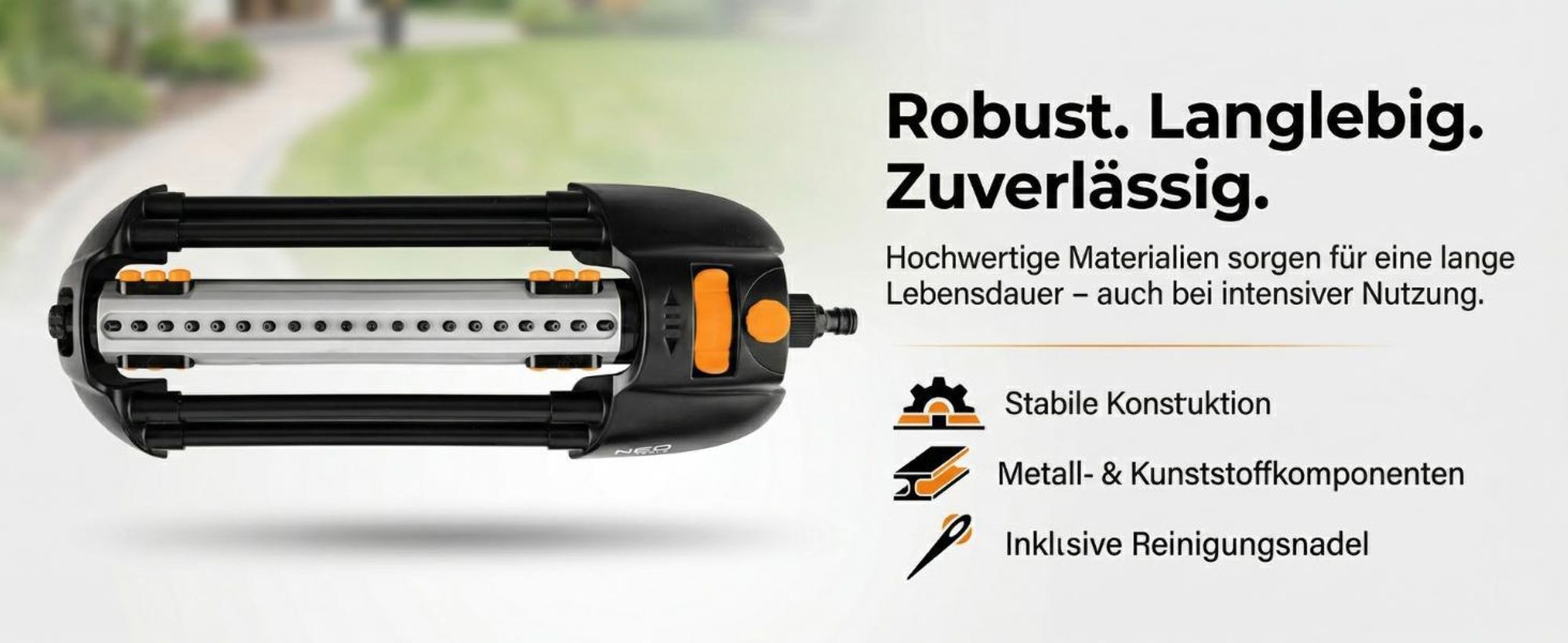NEO TOOLS Rasensprenger bis 320 m2, Sprengbreite bis 20 m x 16 m, 20 Auslassdüsen - Oszillationssprenger für den Garten