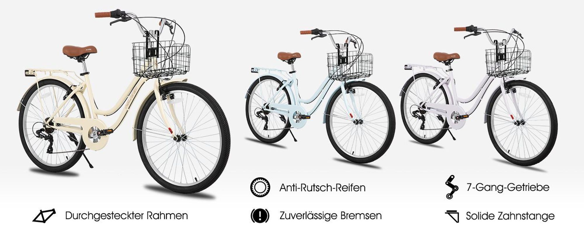 Hiland 26 Zoll 7 Gang Pendler Stadtfahrrad für Männer und Frauen, Step-Through Rahmen Cityräder für Erwachsene mit Gepäckträger und Korb, Fender