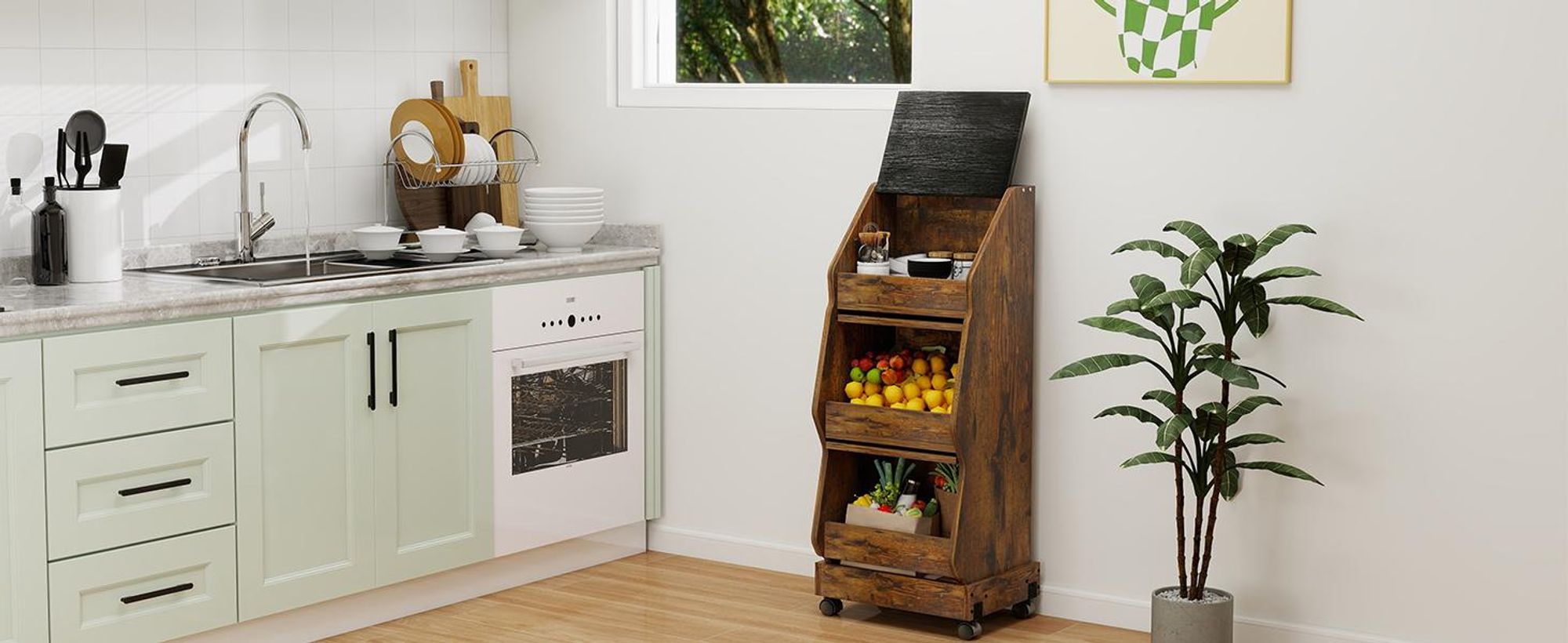 Puluomis Küchenregal Gemüsebehälter mit Rollen, Gemüsebox mit Belüftung und Brotfach, Aufbewahrung von Gemüse und Obst, Kartoffelbox schwarz braun