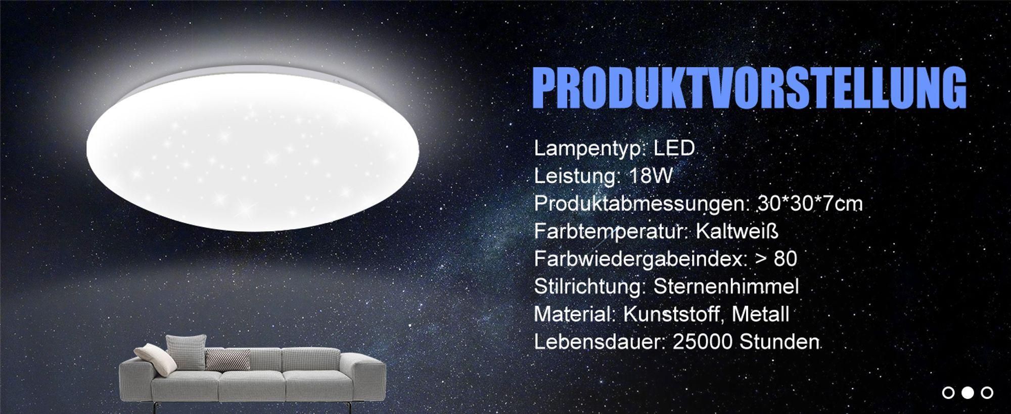ZMH LED Deckenleuchte Schlafzimmer Deckenlampe 30cm Sternenhimmel Kaltweiß 18W Deckenbeleuchtung IP44  Rund für  Küche Kinder