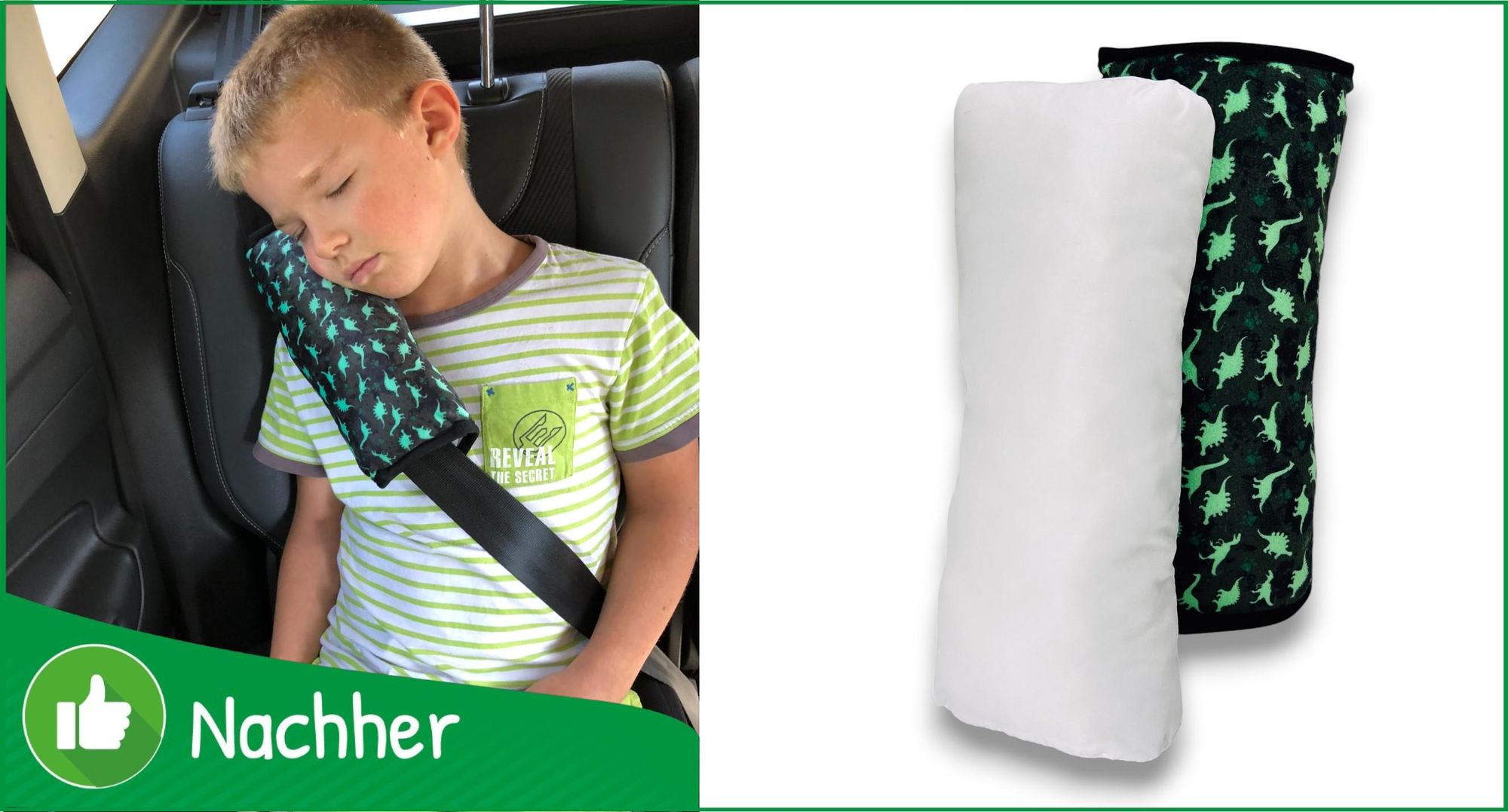 HECKBO Dino Auto Schlafkissen für Kinder - maschinenwaschbar – kuschelweich - hochwertiges Auto Gurtkissen, Gurtschoner, Gurtkissen, Gurtschutz, Auto Kissen, Reisekissen, Urlaub, für Jungen Jungs - 30cm x 12cm