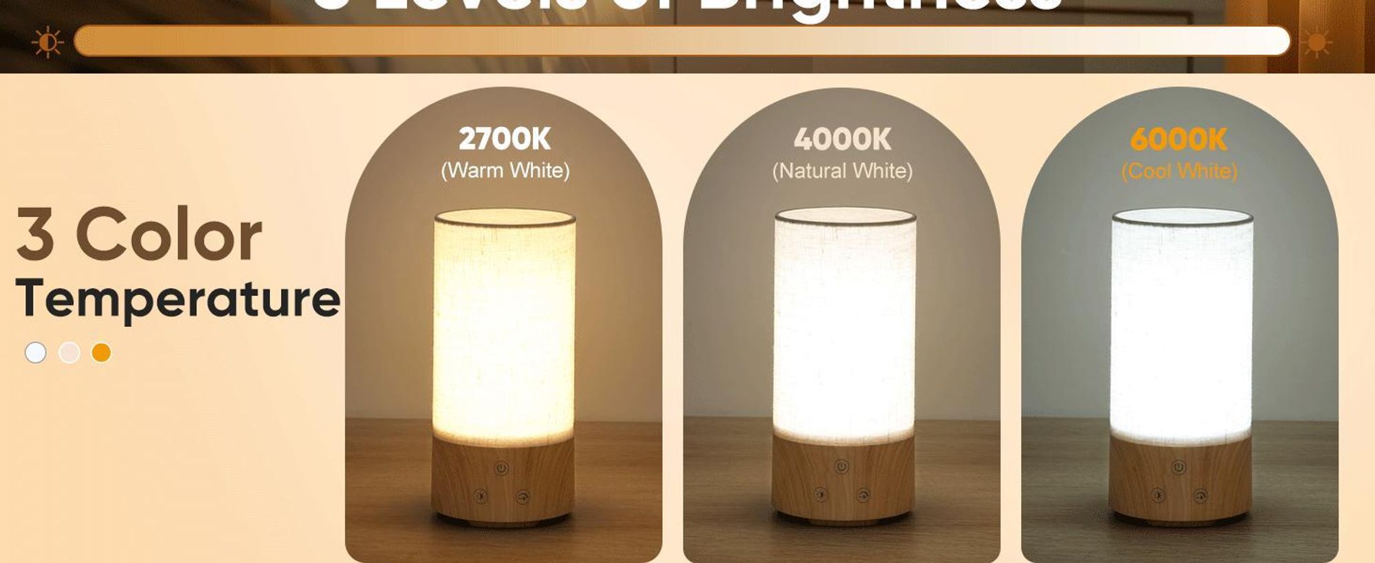 Lichttherapielampe 10.000 Lux mit 3 Farbtemperaturen 5 Helligkeiten Vollspektrum-Lichtholzsockel, runder Flachsstoffschirm Tageslichtlampe