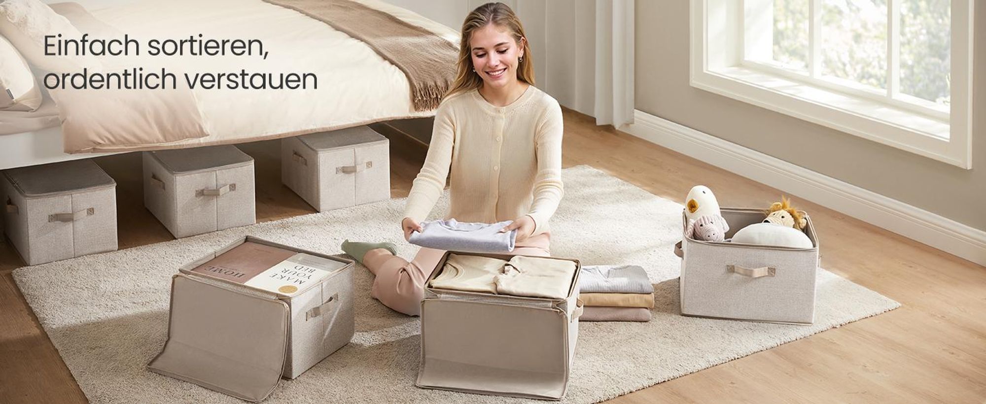 SONGMICS Stoffbox, faltbare Aufbewahrungsbox mit Griffen, für Kleidung, Vliesstoff, 3er Set, beige