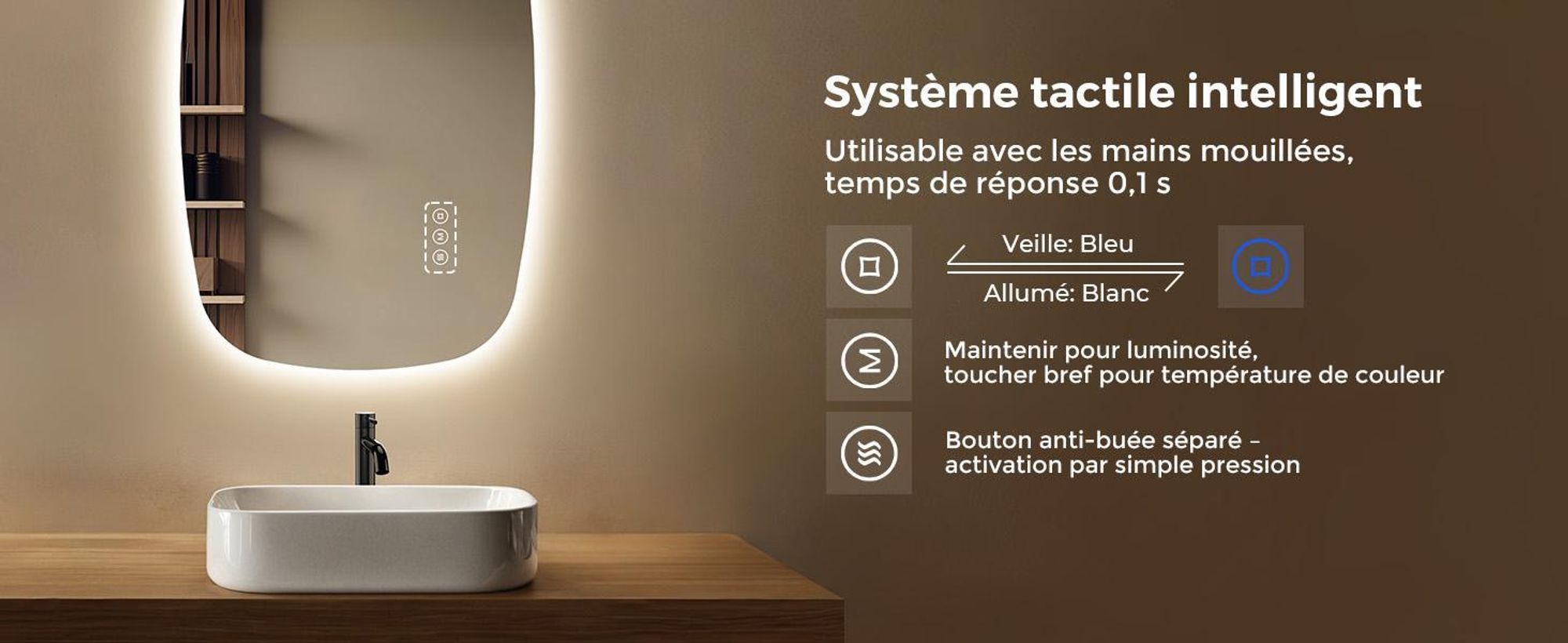 S'AFIELINA 95×60 cm miroir mural LED - miroir de salle de bain avec éclairage, verre HD , intensité lumineuse variable, LED 3 couleurs, antibuée, suspension horizontale & verticale
