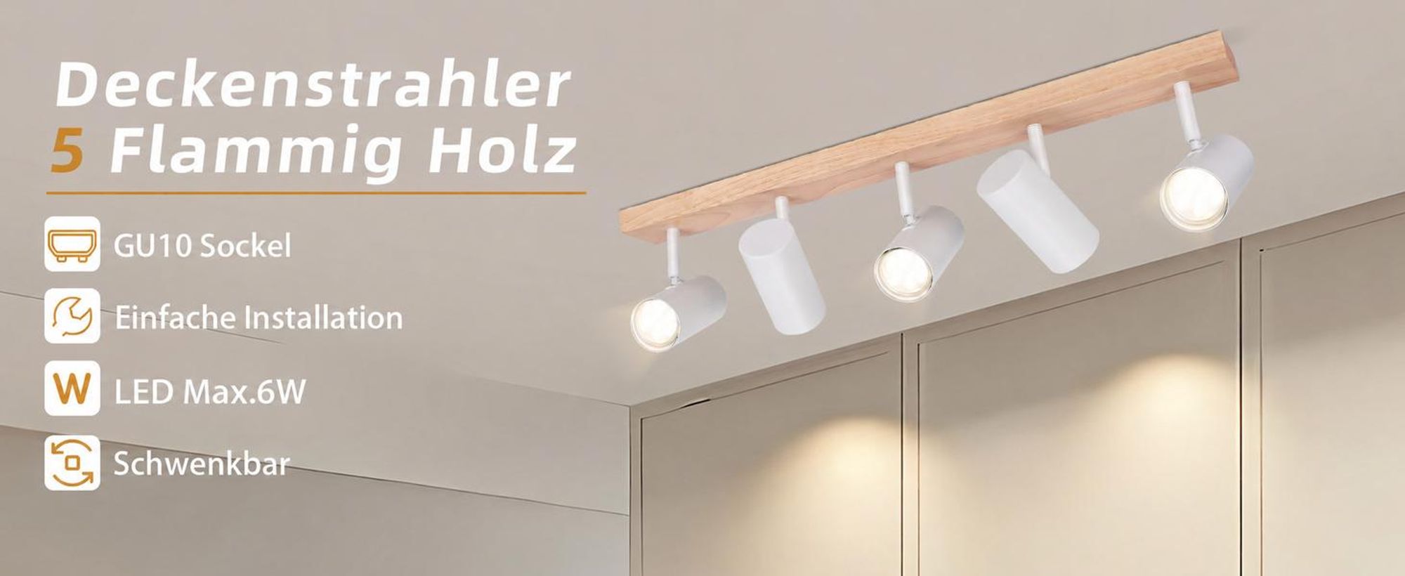 ZMH Deckenleuchte 5 Flammig Deckenstrahler Holz Deckenlampe Weiß Deckenspots GU10 Wohnzimmerlampe 350° Flurlampe Decke Spotlight Flur für Schlafzimmer Küche Wohnzimmer Ohne Leuchtmittel