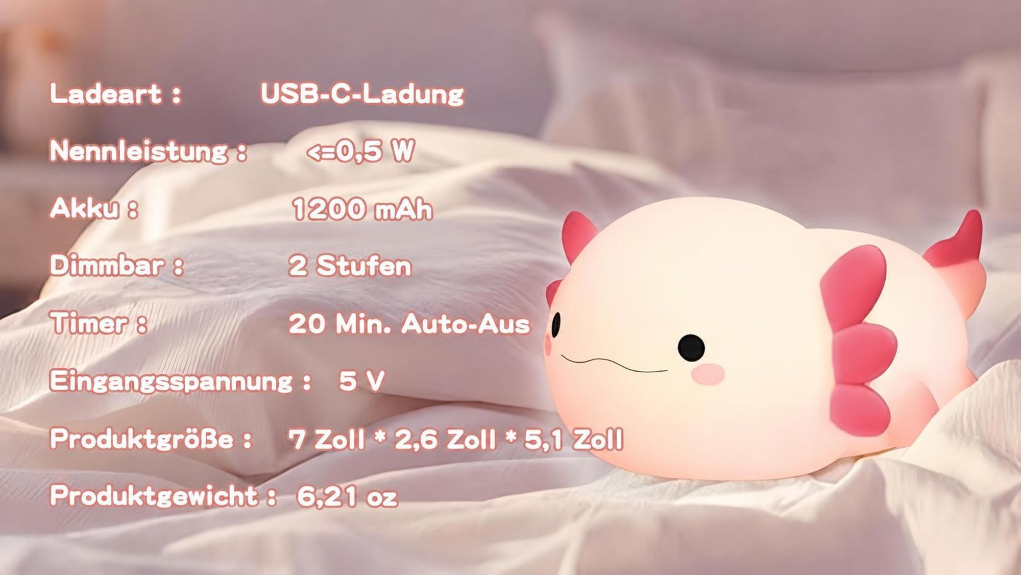 LED Axolotl Nachtlicht,Verstellbares Silikon -Nachtlicht,USB -Ladebett -Nachttischlampen,Berührungssteuerung,Geschenk mit Timer,Babyzimmerdekor,Rosa