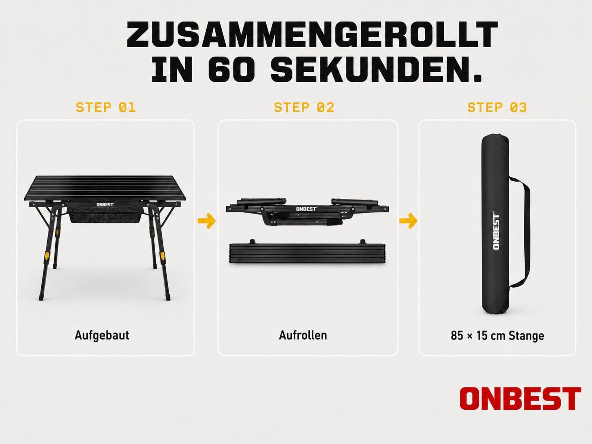 ONBEST Klapptisch | Schwarz | mit Netztasche | Wäscheklammer | Wäscheleine | Tragetasche | Höhenverstellbar | Aufrollbar