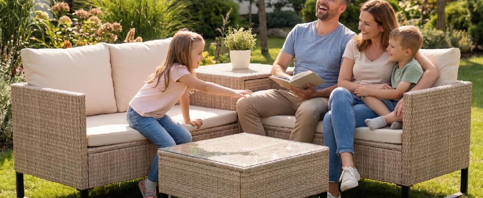 Juskys Polyrattan Lounge Santorini - Sitzecke mit Beistelltisch & Auflagenbox - Creme