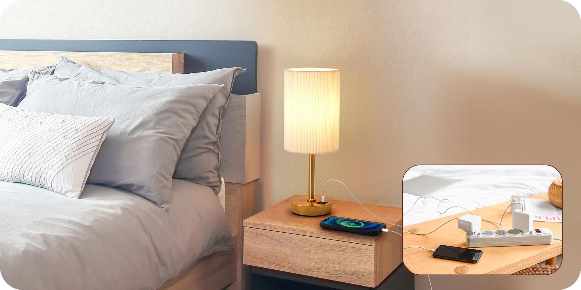 EDISHINE Tactiele Bedlamp Set van 2 met USB-C & USB-A Oplaadpoort, 3 Helderheidsniveaus, E27 LED-lamp Inbegrepen, Stoffen Lampenkap