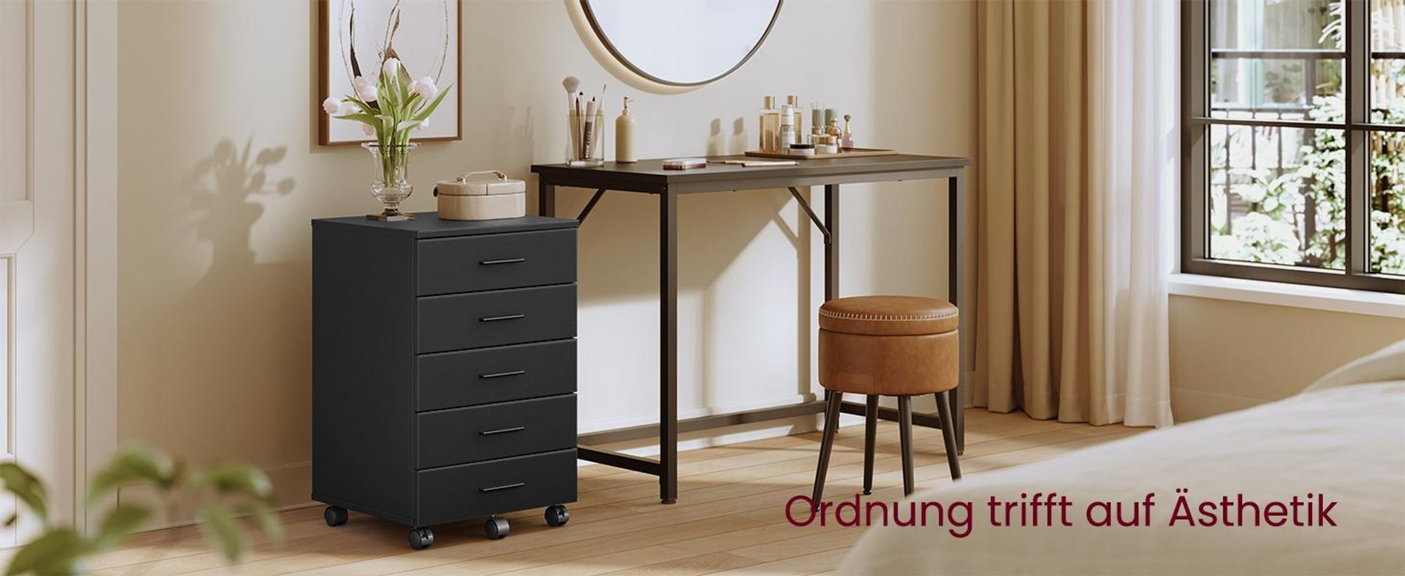 VASAGLE Rollcontainer, Aktenschrank, Schubladenschrank, Druckerständer, 5 Schubladen, mit werkzeuglosen Gleitschienen, schwarz