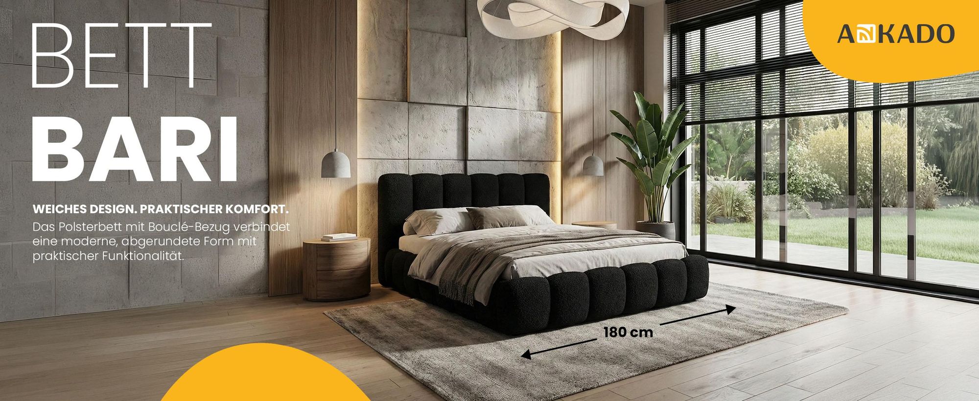 Polsterbett 180x200 cm - Bouclé Stoff - Schwarz - mit Bettkasten und Stauraum - Quelle 100