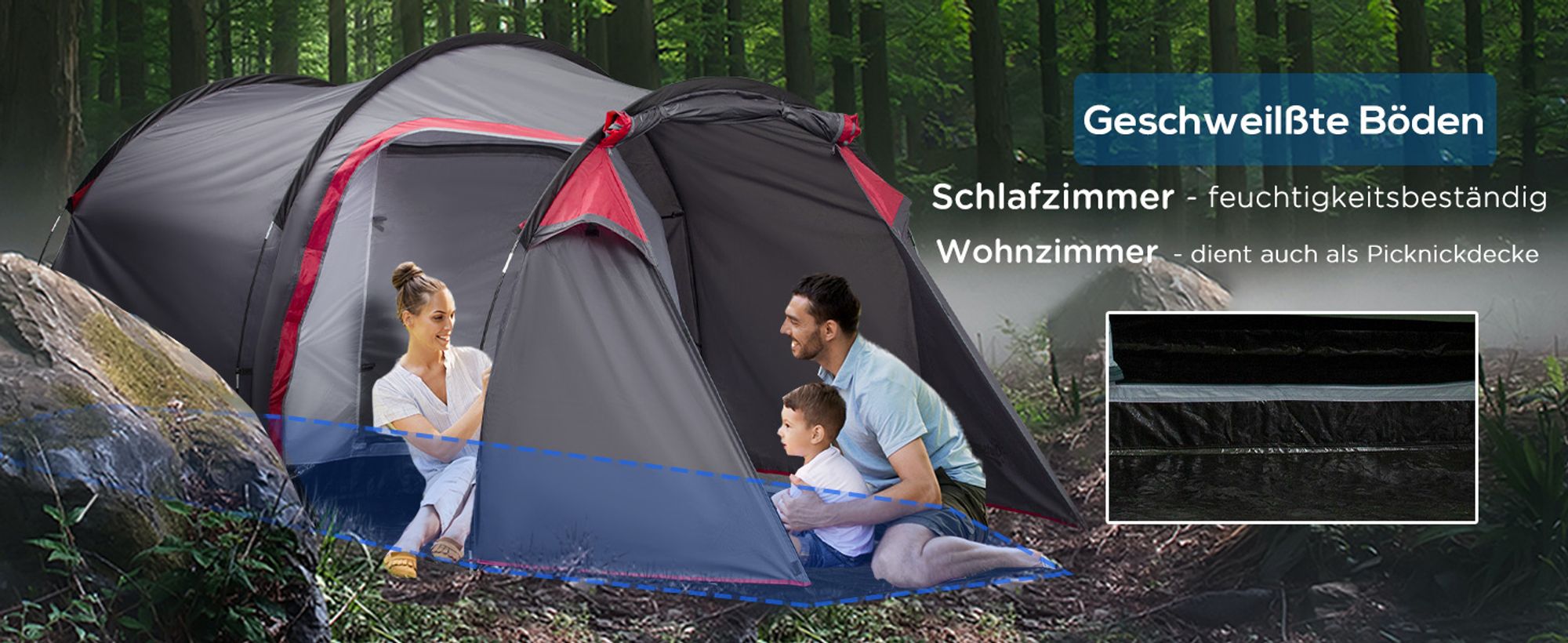 Outsunny Zelt für 2-3 Personen 190T Tunnelzelt Campingzelt mit Heringen Glasfaser Polyester Grau 426 x 206 x 154 cm