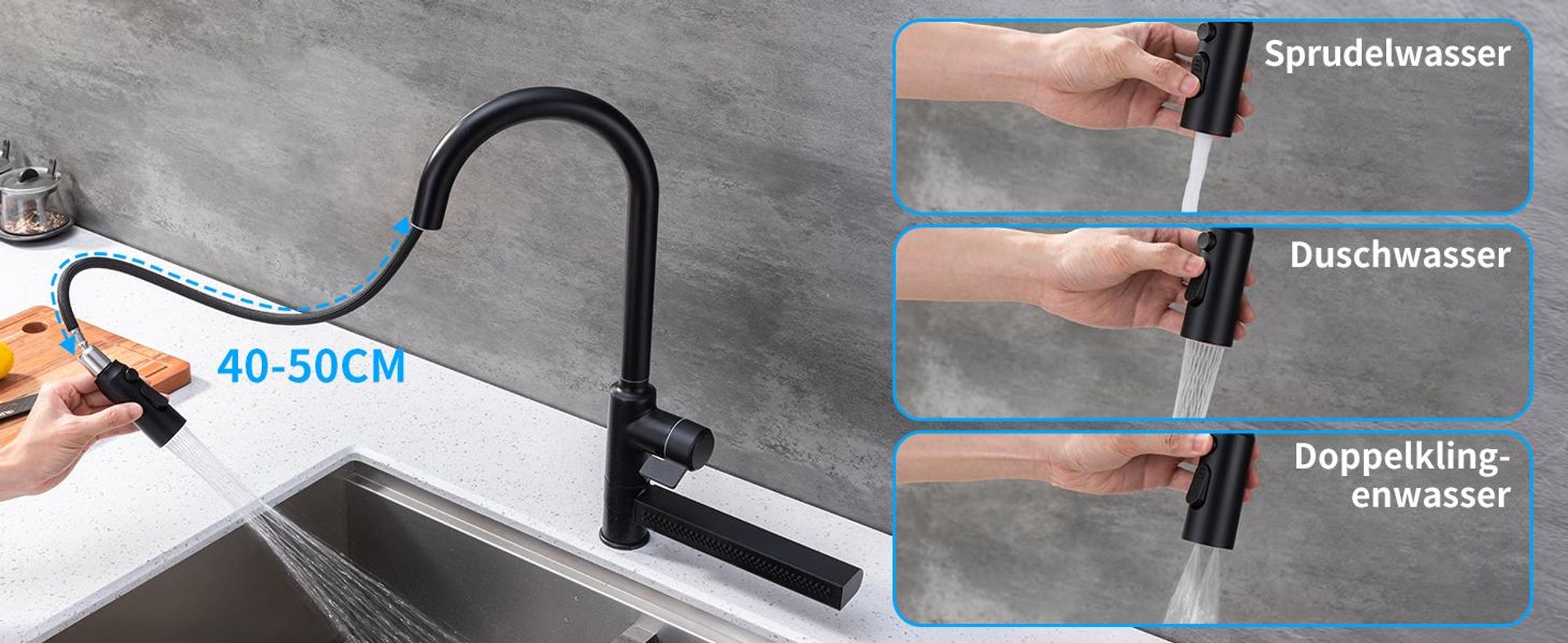 Homelody Wasserfall Küchenarmatur, Wasserhahn Küche Ausziehba 360° Drehbar, Mischbatterie Küchenarmatur mit 4 Wassersprühmodi, Edelstahl, Schwarz