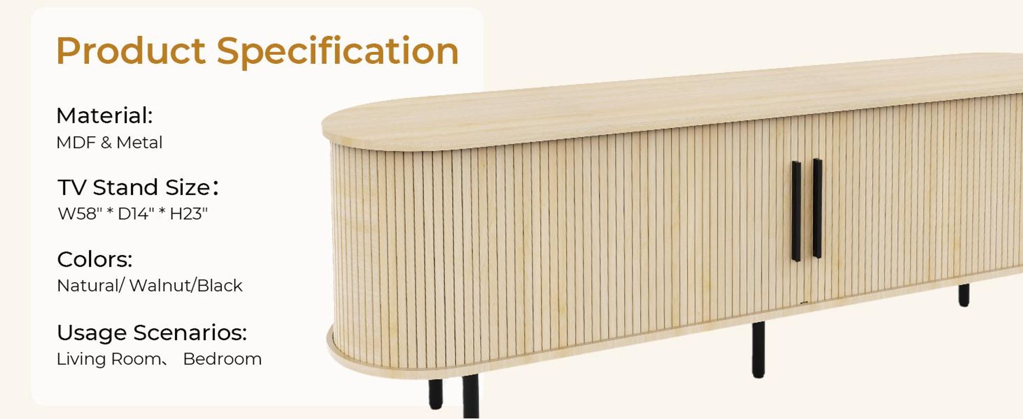 TV-Schrank mit Relief-Oberfläche, Spanplatte, ovaler Tischplatte, Schiebe-Gittertür, 147×35×58 cm, Eichenfarbe