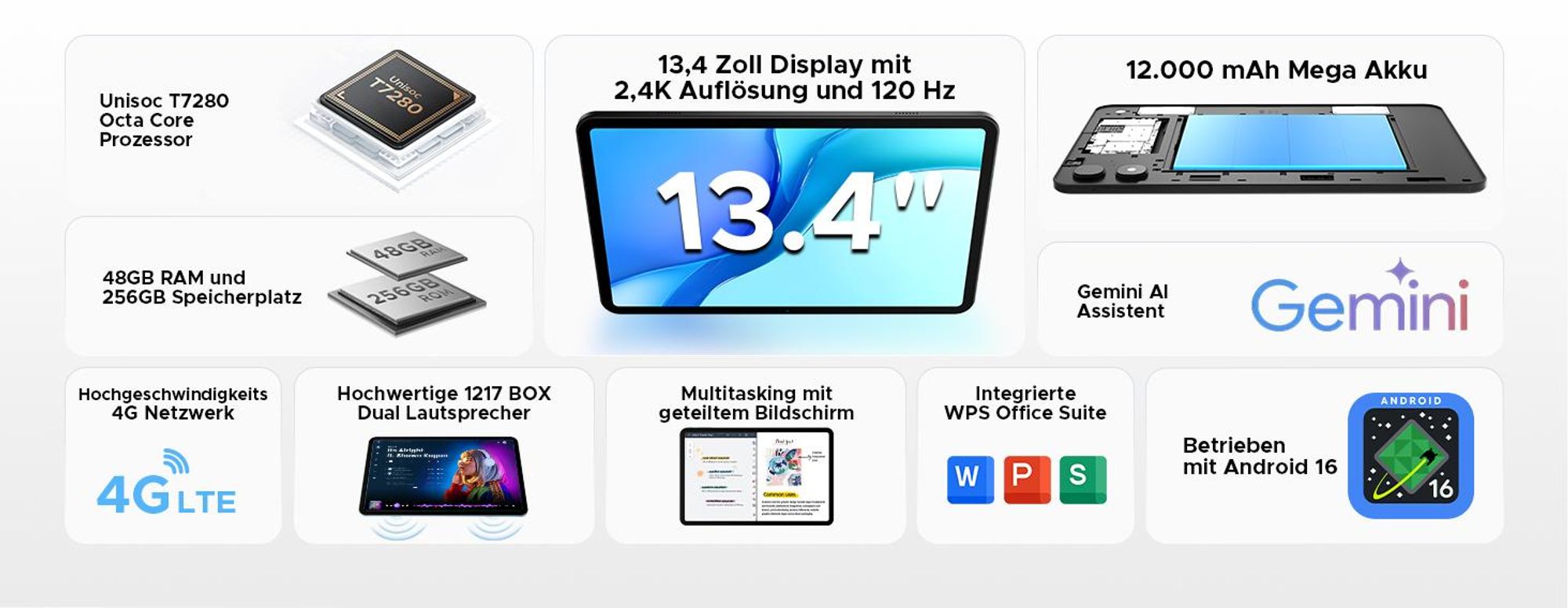 P13 Pro 4G LTE Dual-SIM Tablet Android 16, 13.4" 2.4K+120Hz, 48GB(12+36)RAM+256GB ROM(2TB TF),12000mAh,Widevine L1,Gemini AI–mit Tastatur,Maus,Stift