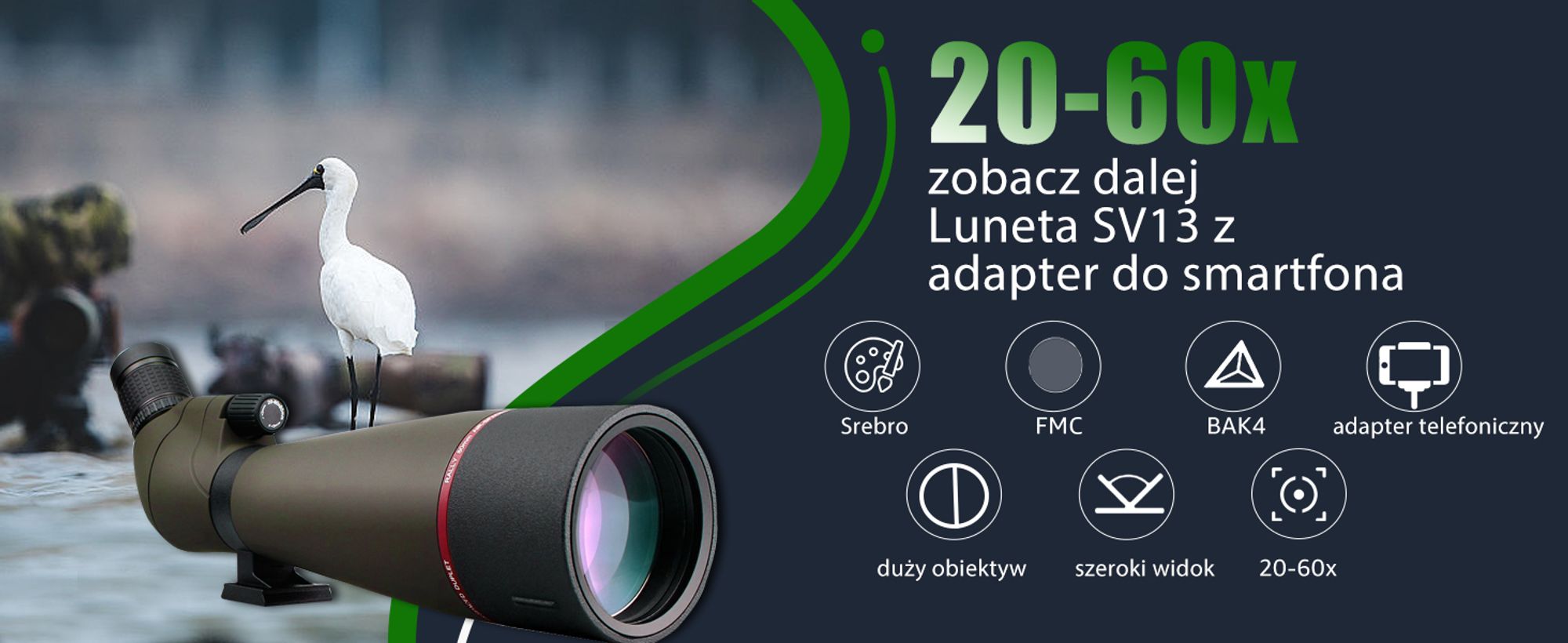 Luneta Svbony SV13 20-60x80 z adapterem do smartfona, wodoodporna lornetka lornetkowa HD z futerałem, teleskop kątowy FMC Optics