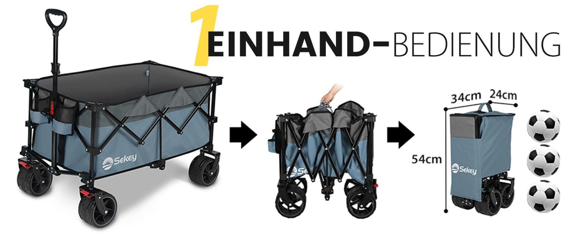 Sekey 150 KG Bollerwagen Faltbar Handwagen mit Bremsen und breiten Reifen, Blau