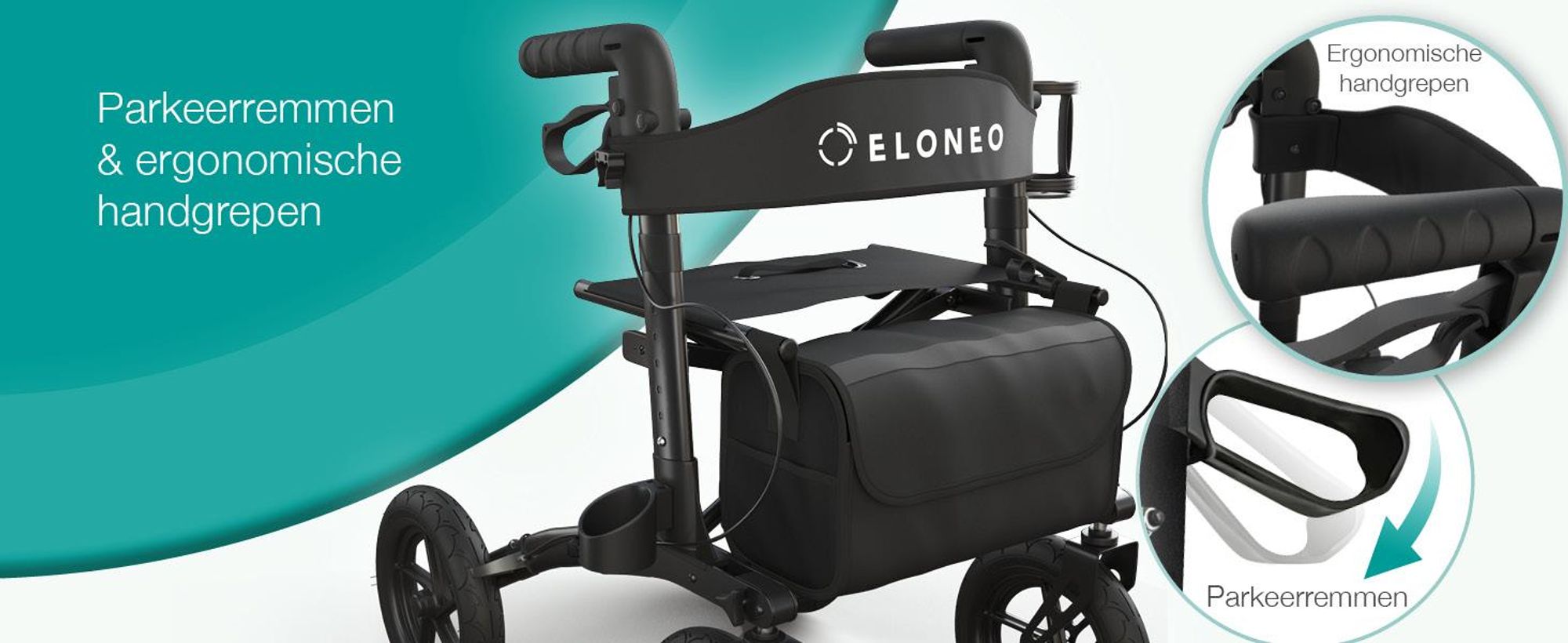 ELONEO inklapbare rollator met zitplaats, outdoor rollator met luchtbanden, inclusief zitvlak, rugsteun en verstelbare loopsteun van aluminium