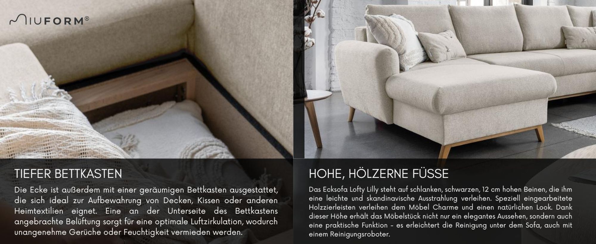 MIUFORM Scandic Lagom - Ecksofa mit Bettfunktion und Bettkasten U-FORM LINKS - 312x202 cm - Beige - Sofa Schlafsofa Couch