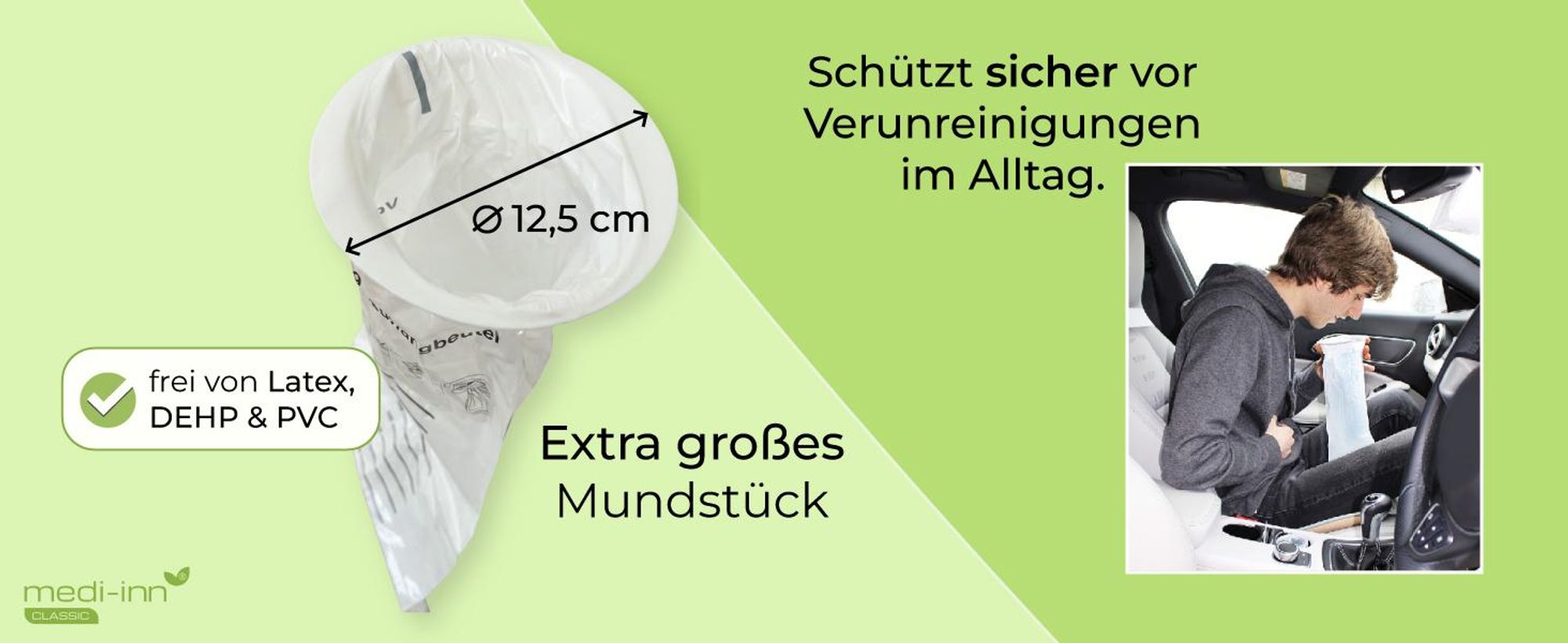 100x MEDI-INN Spuckbeutel mit Ring, PE Kotztüten mit Mundstück für Erwachsene & Kinder, Brechbeutel verschließbar, Kotzbeutel für Reisen,Auffangbeutel