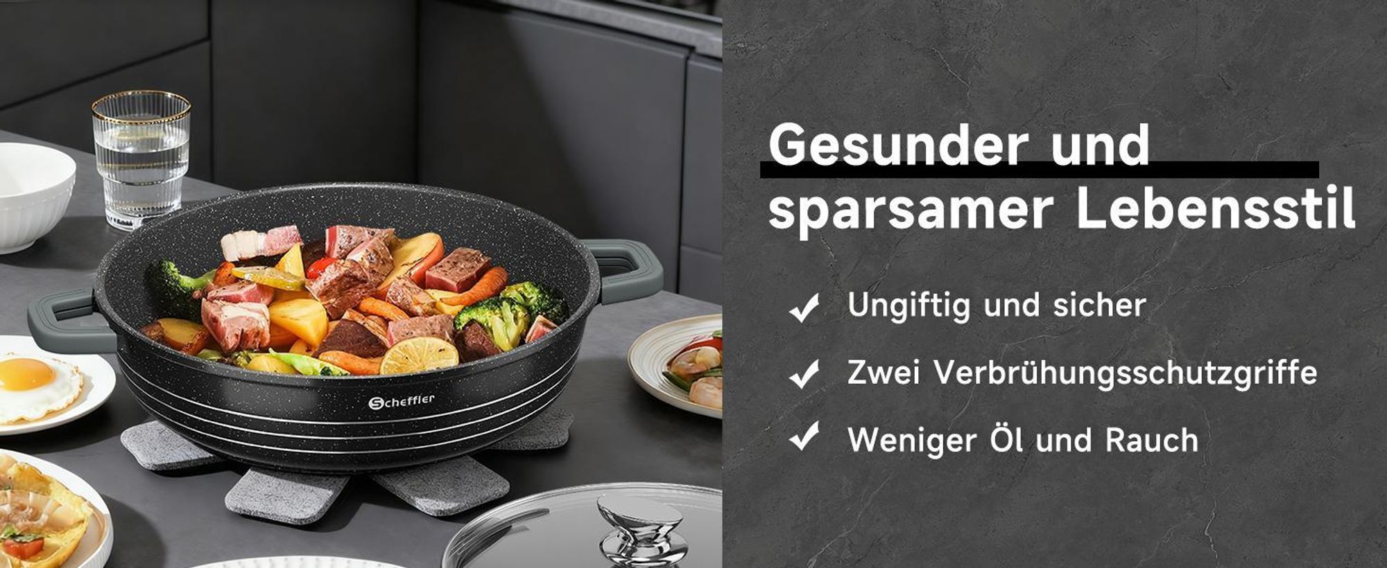 Scheffler Servierpfanne Induktion, 28 x 7,5 cm Schmorpfanne aus Aluminiumguss, Pfanne Bratpfanne mit Marmor-Antihaftbeschichtung, Glasdeckel