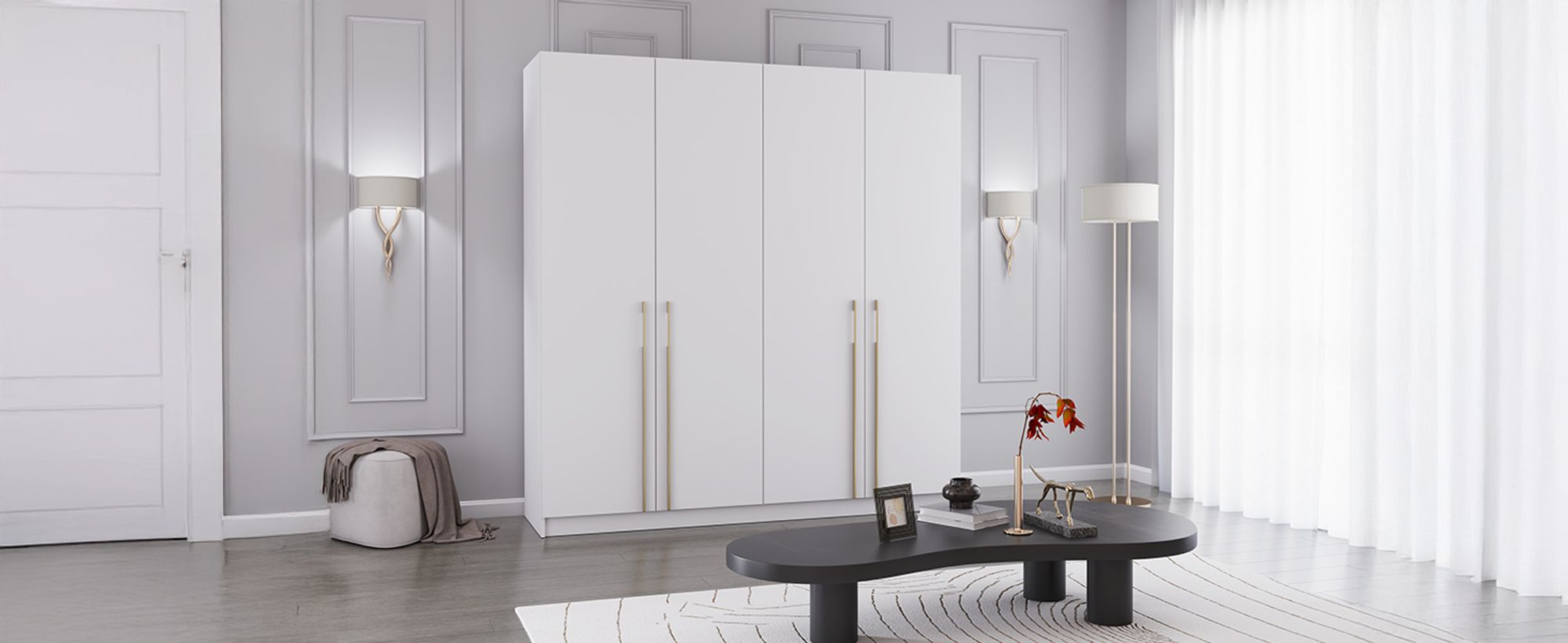 Drehtürenschrank Kleiderschrank Schrank 200 cm Weiß/Weiß viertürig Rosa 01