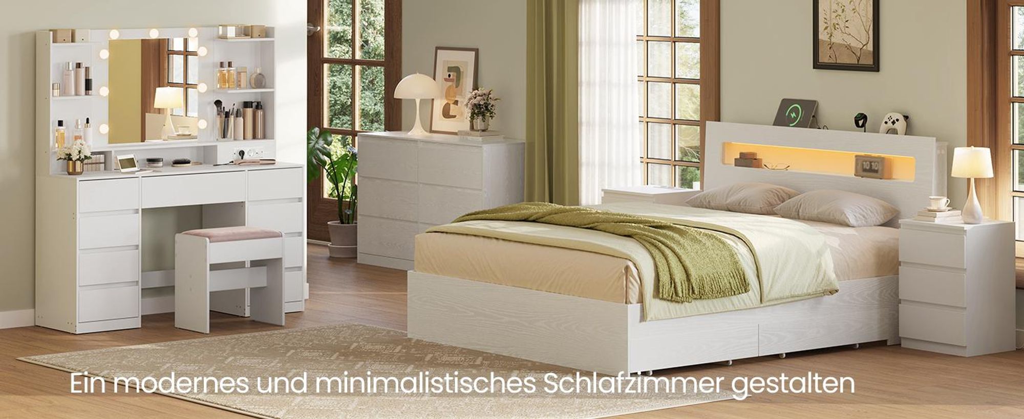 VASAGLE Schminktisch mit Steckdosenleiste, 9 dimmbare Glühbirnen, 3 Lichtfarben, werkzeuglose Gleitschienen