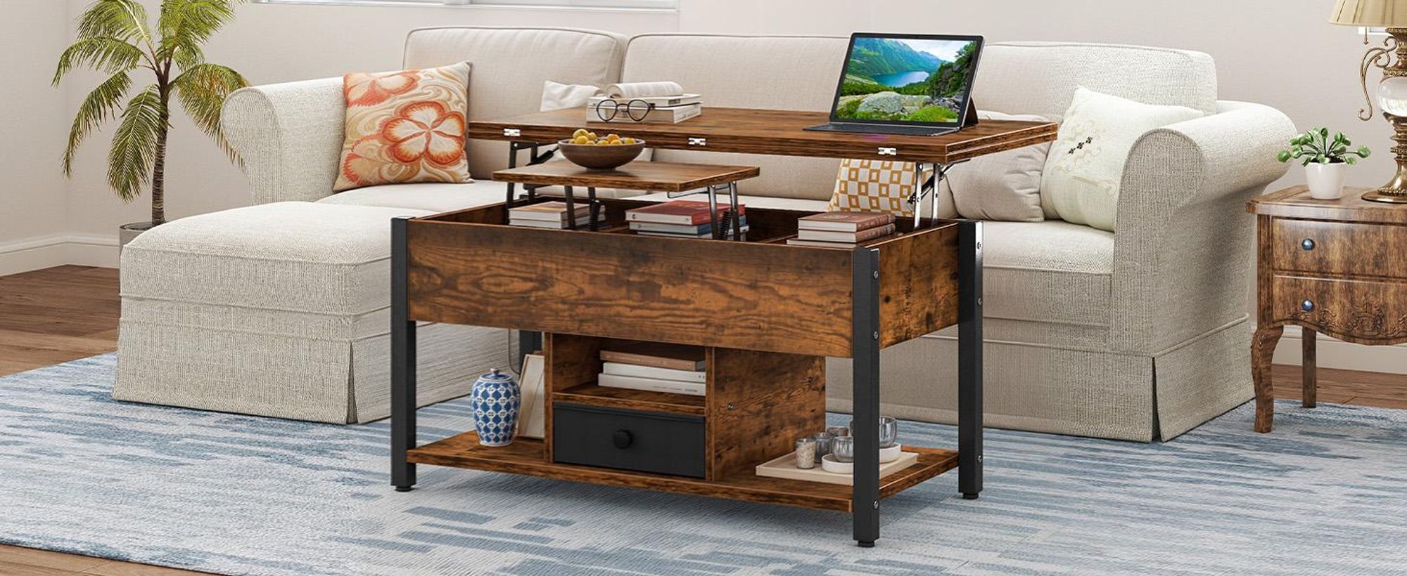 YITAHOME Couchtisch Höhenverstellbar, 4-in-1-ausziehbar Wohnzimmertisch, mit 1 Schubladen, Hebeplatte, Stauraum, 90x47x61 cm, Braun