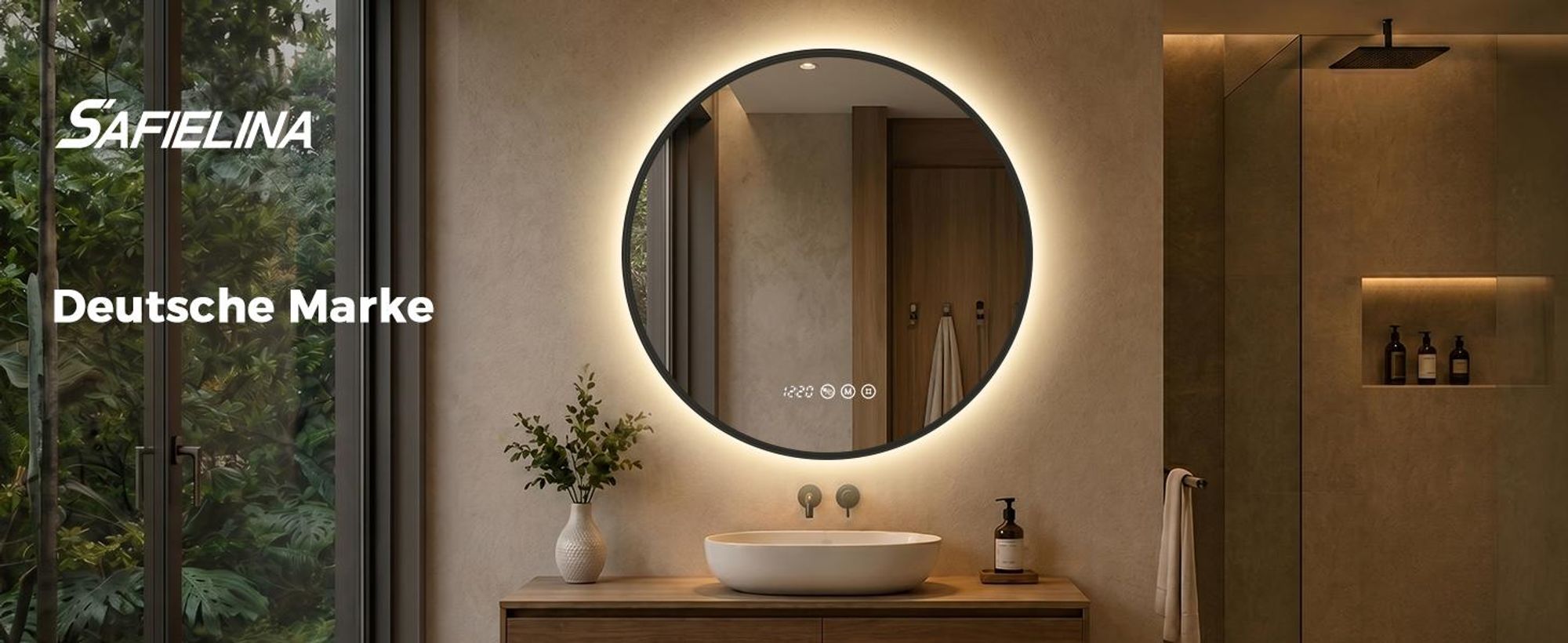 S'AFIELINA LED Badezimmerspiegel Rund Ø80 cm, Schwarzer Rahmen, 3 Lichtfarben, stufenlos dimmbar, Antibeschlag, Uhr & Temperaturanzeige, Memory