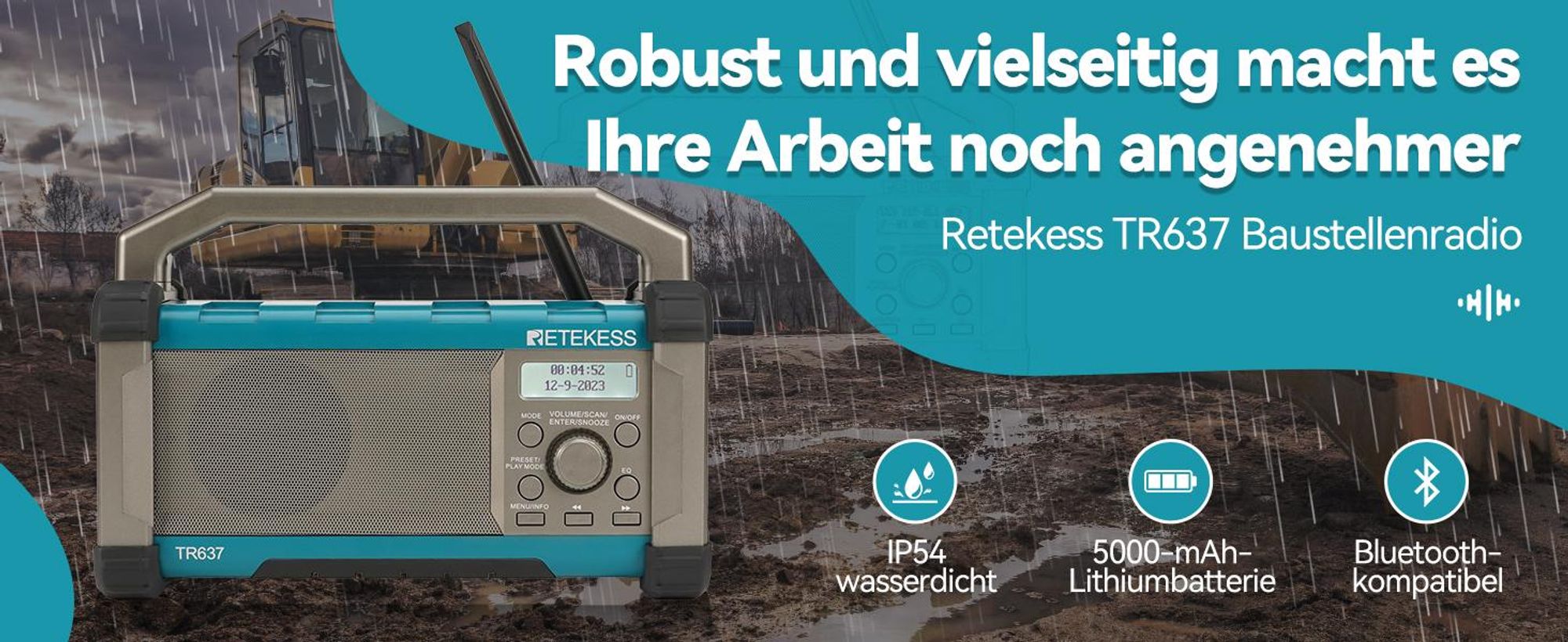 Retekess TR637 Baustellenradio mit Bluetooth, FM AM mit 5000 mAh leistungsstarkem Akku, IP54 staubdicht und wasserdicht mit USB-Ladegerät Tragegriff